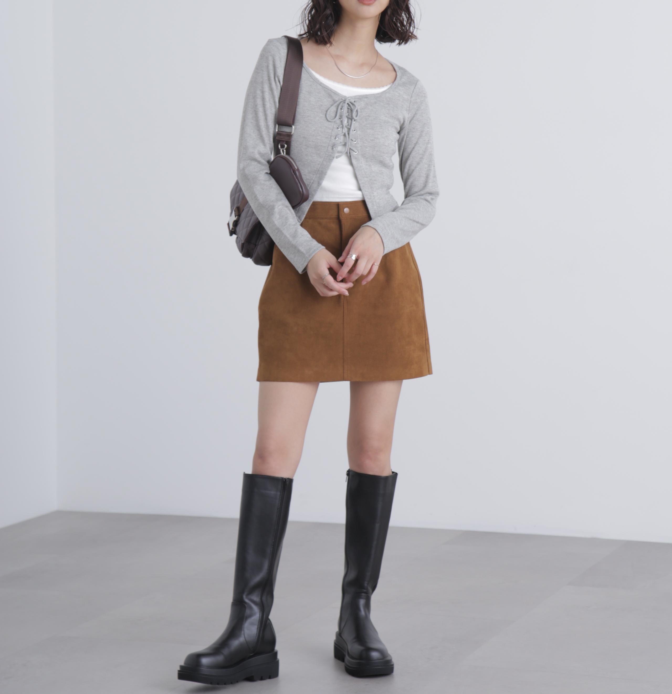 レースアップレイヤード長袖カットソー グレー