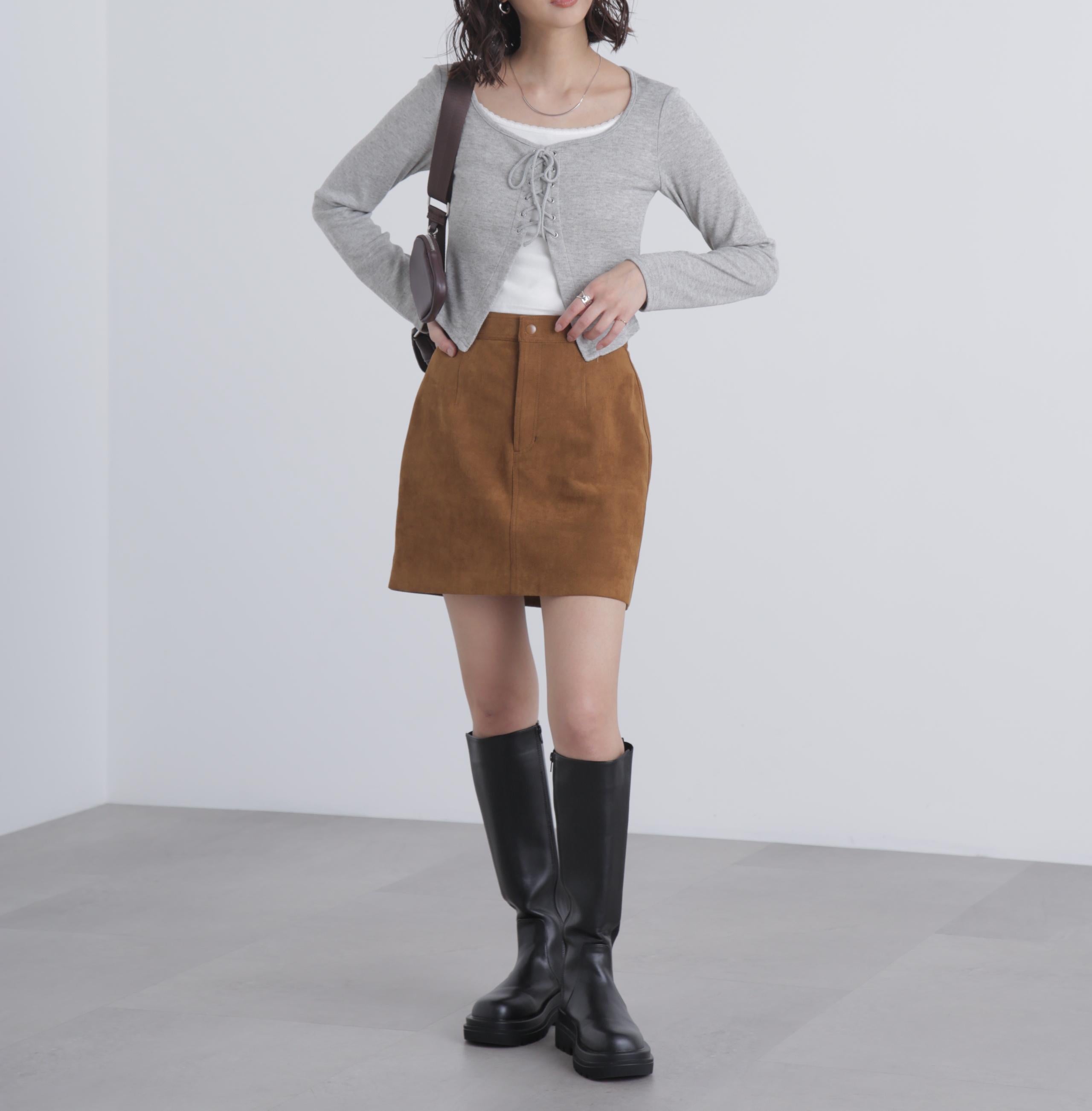 レースアップレイヤード長袖カットソー グレー