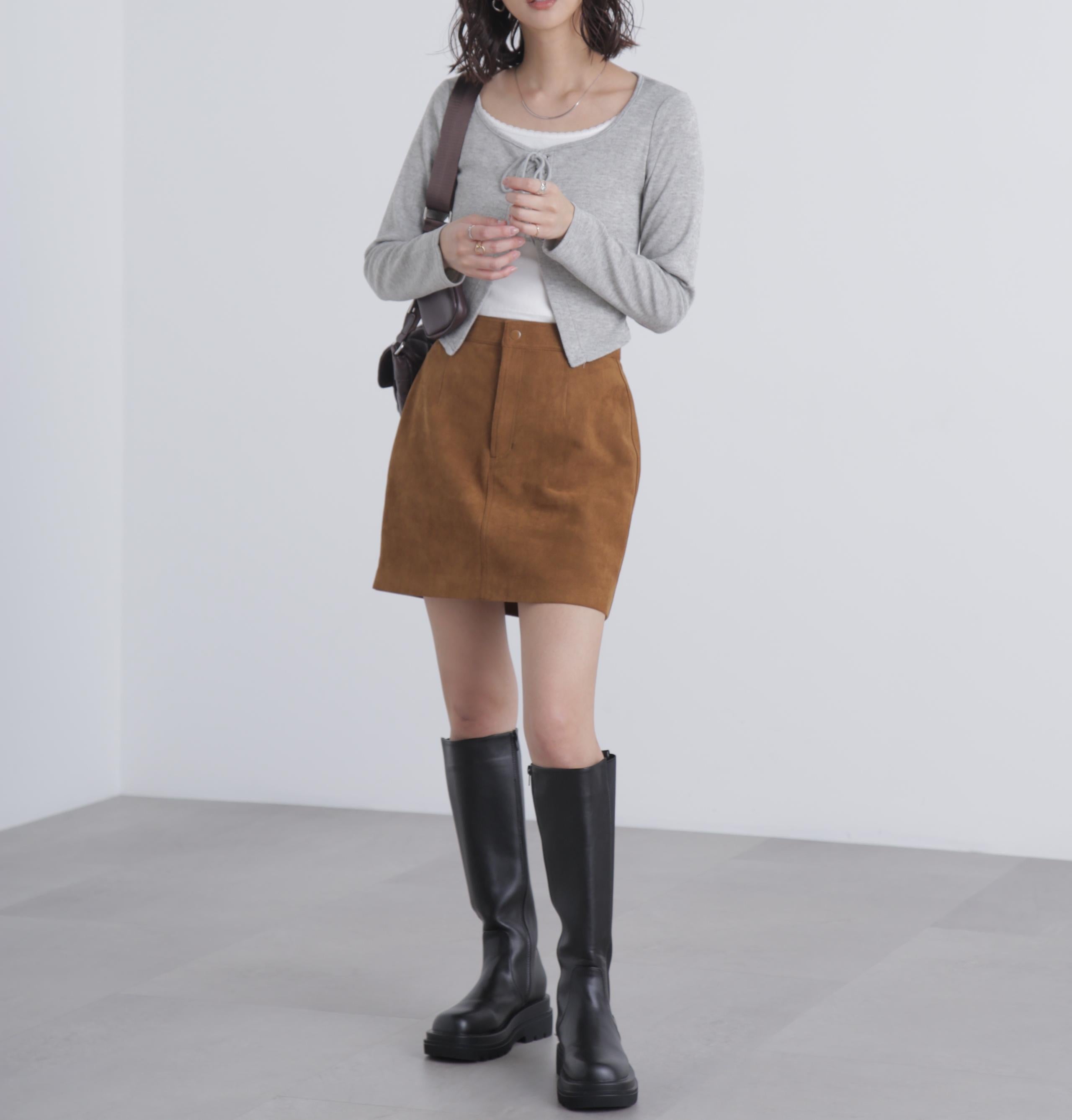 レースアップレイヤード長袖カットソー グレー