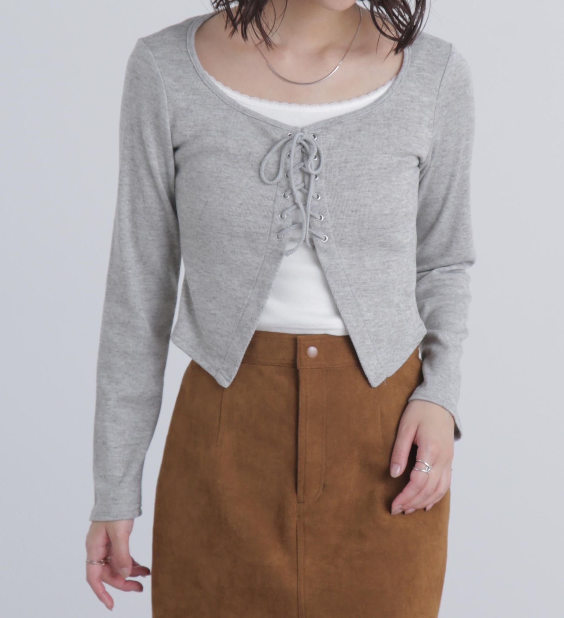 レースアップレイヤード長袖カットソー グレー
