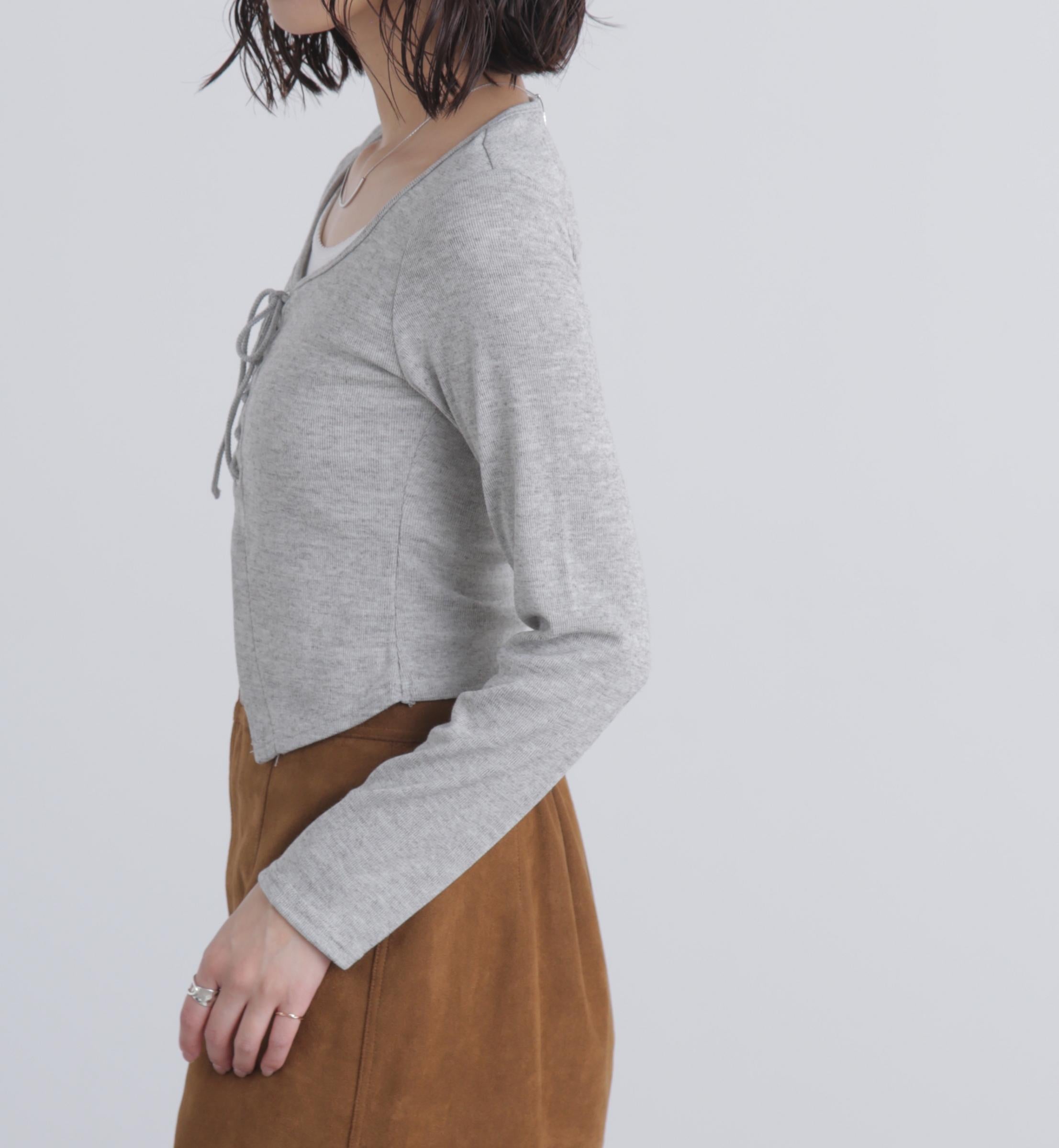 レースアップレイヤード長袖カットソー グレー
