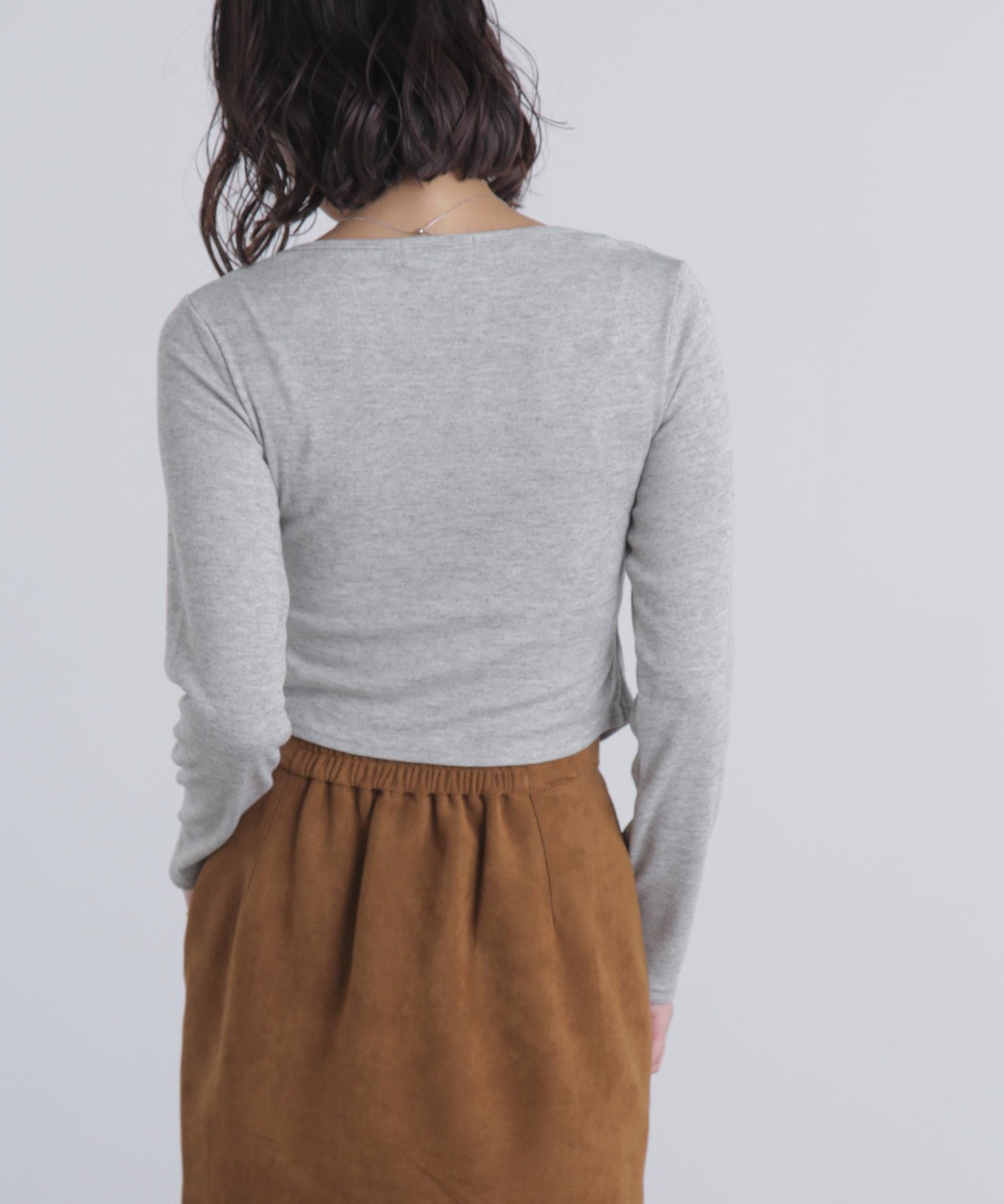 レースアップレイヤード長袖カットソー グレー