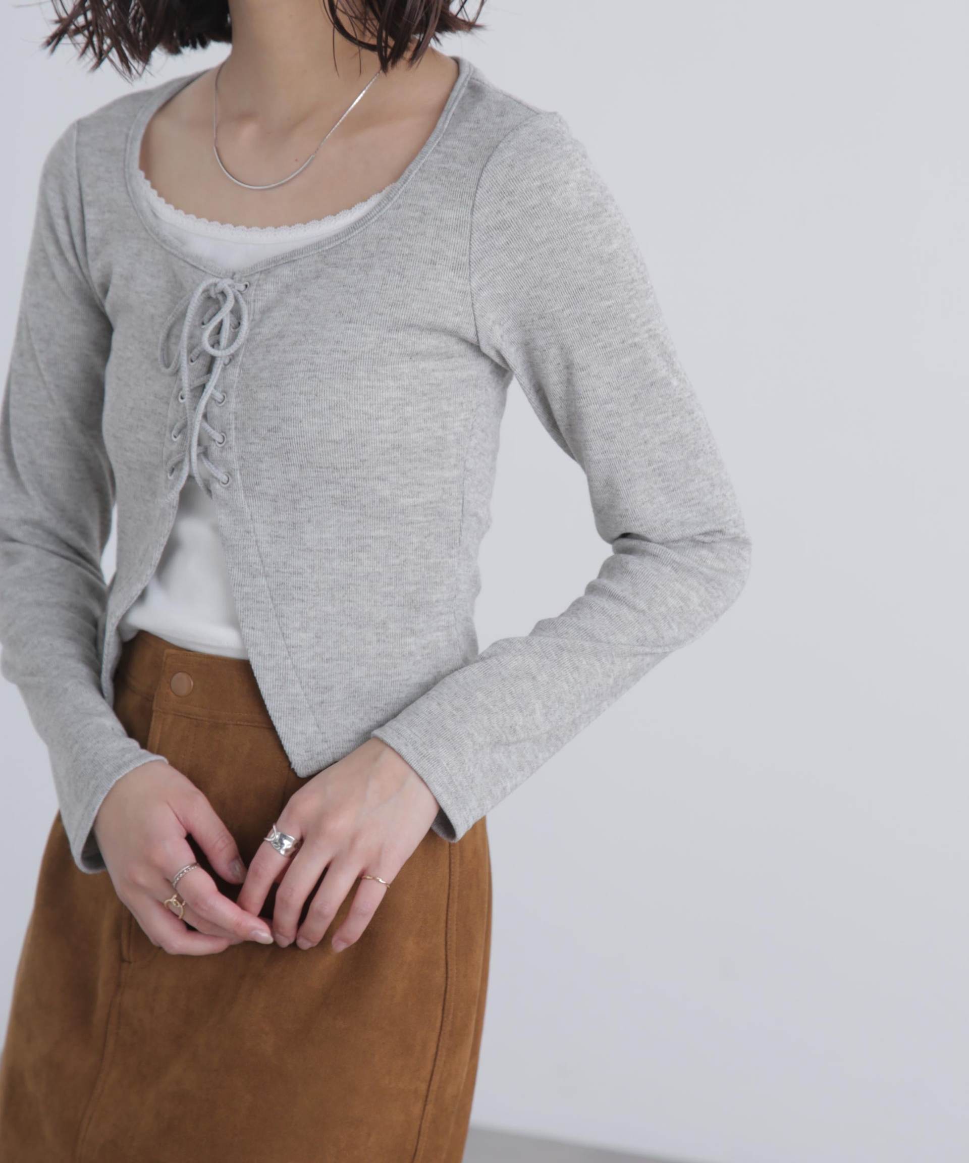 レースアップレイヤード長袖カットソー グレー