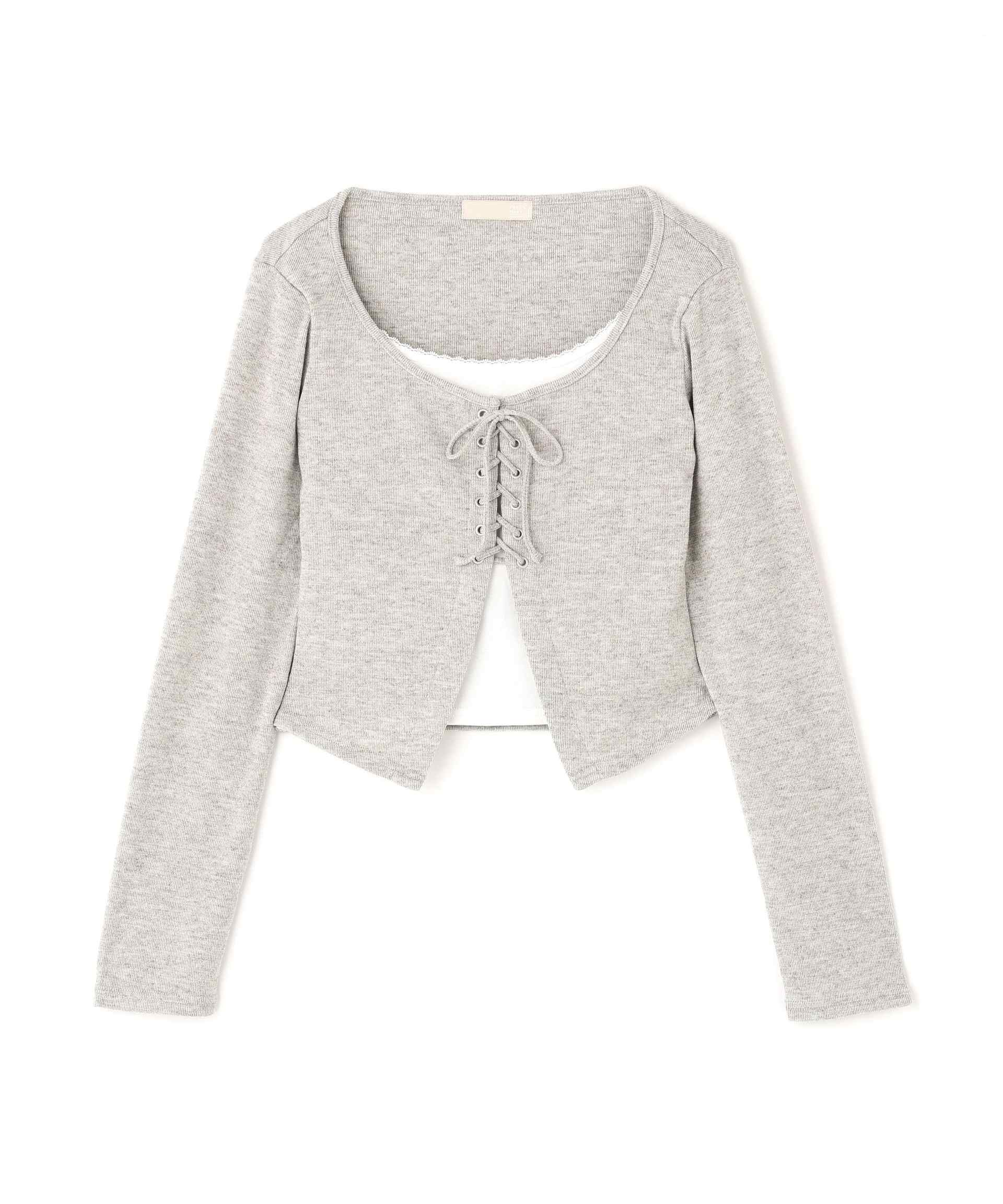 レースアップレイヤード長袖カットソー グレー