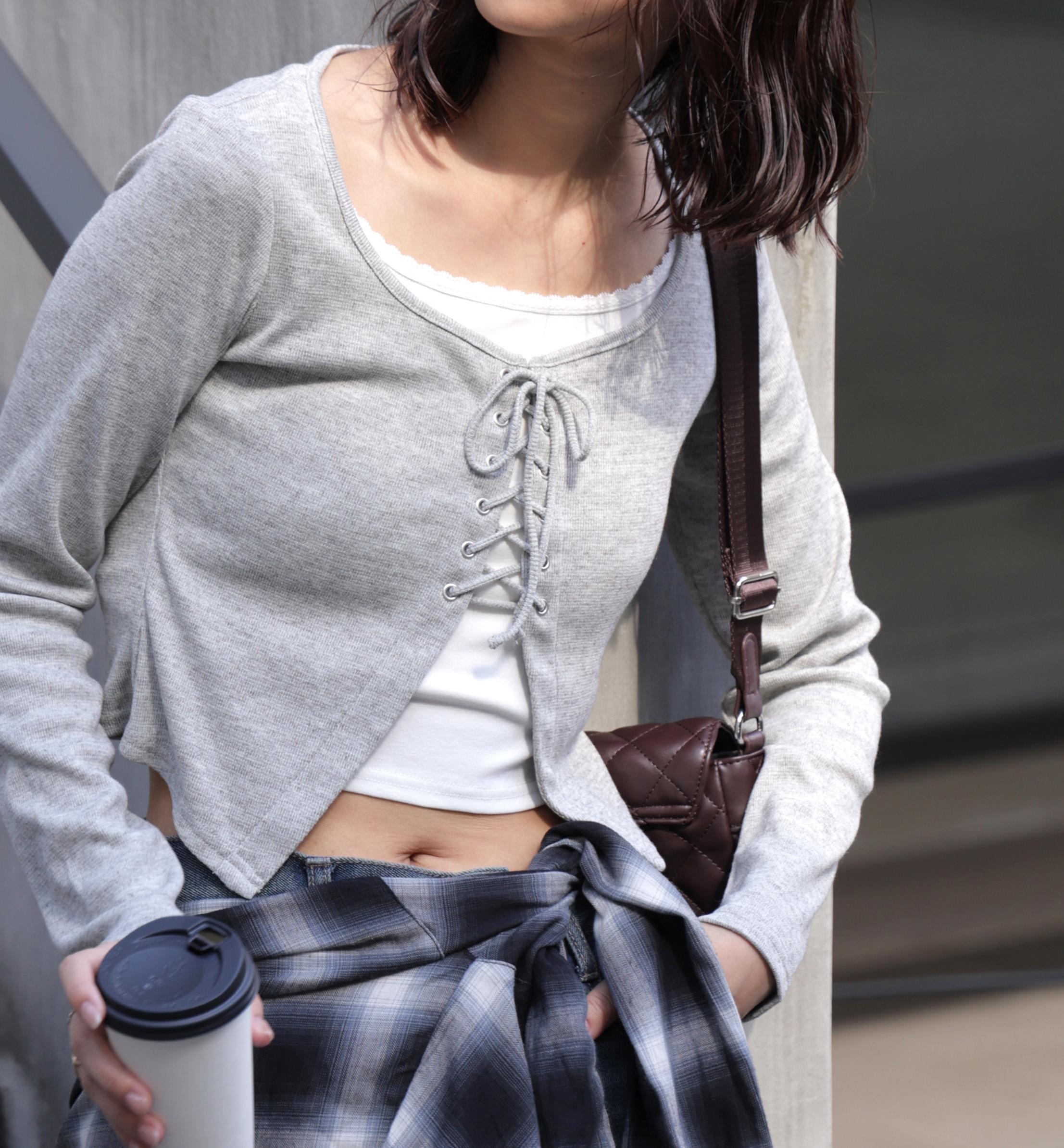 レースアップレイヤード長袖カットソー グレー
