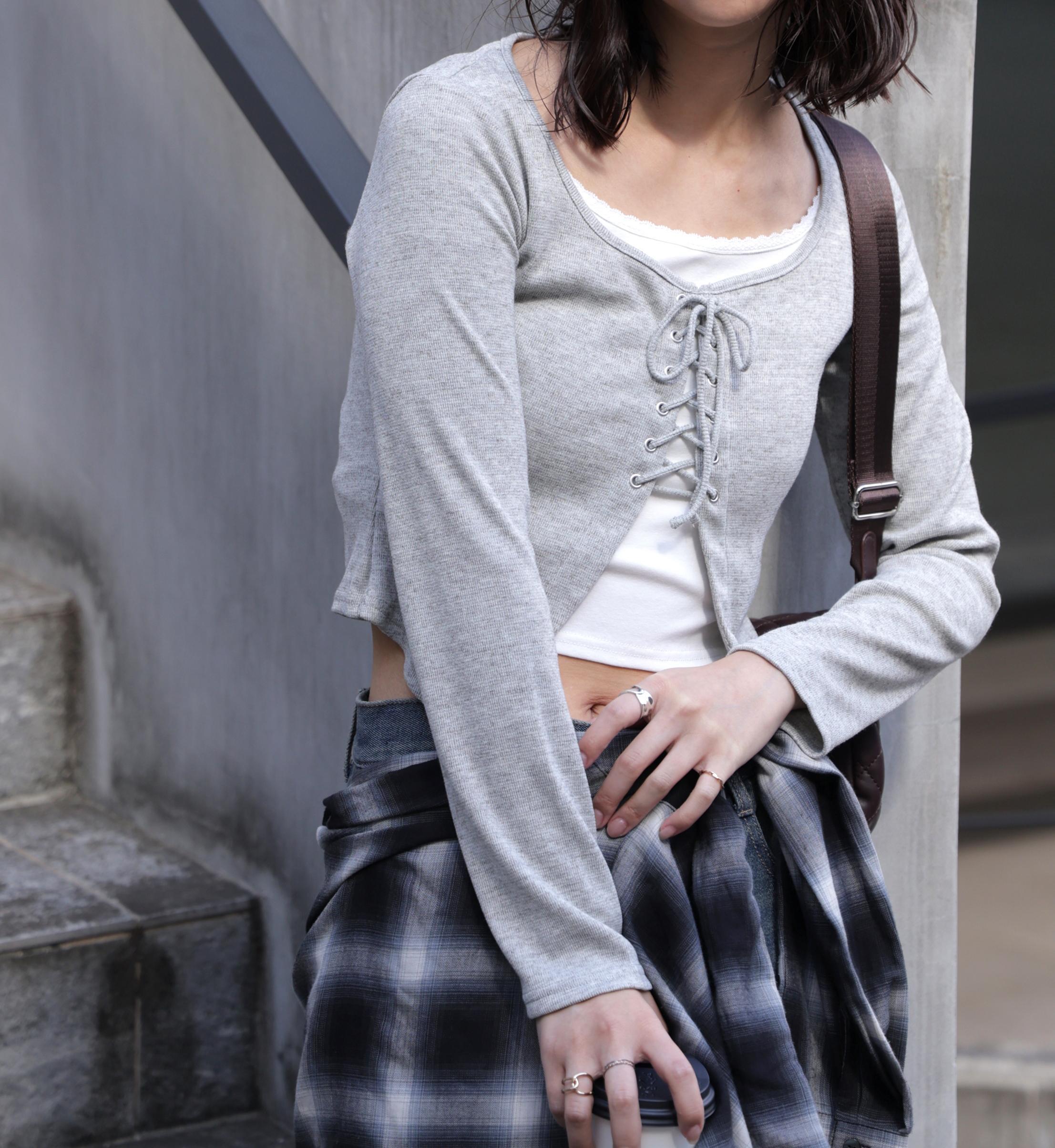 レースアップレイヤード長袖カットソー グレー