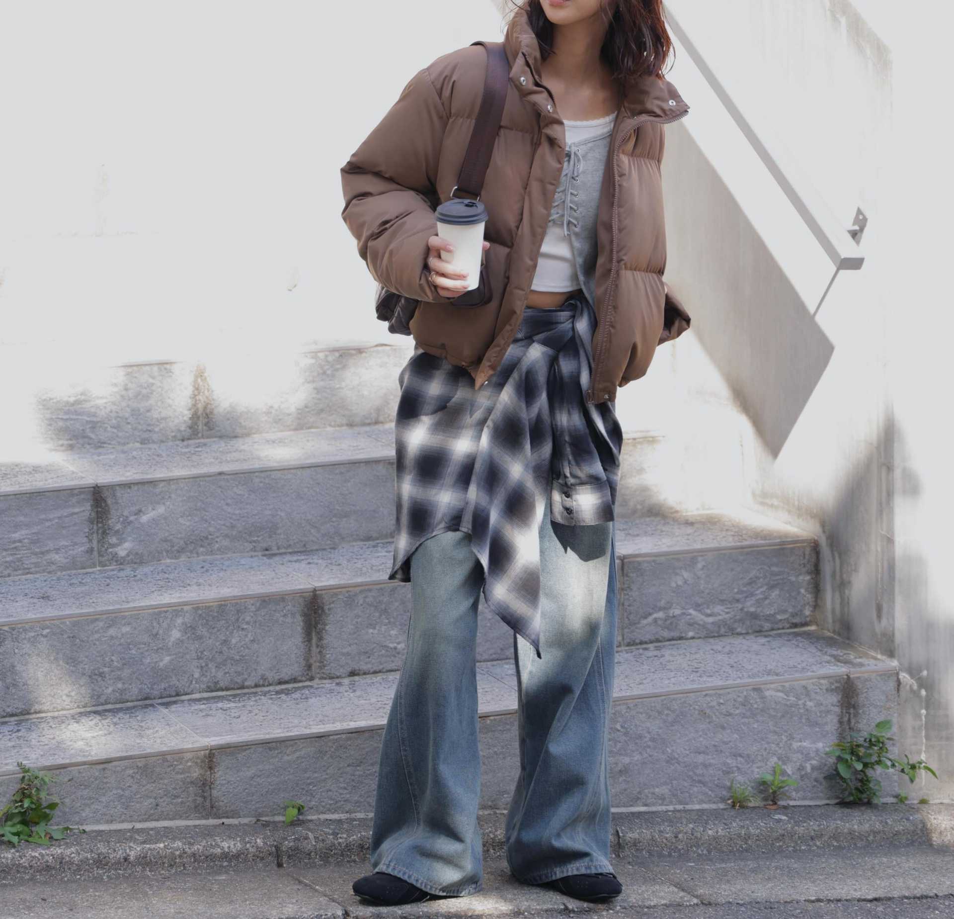 レースアップレイヤード長袖カットソー グレー