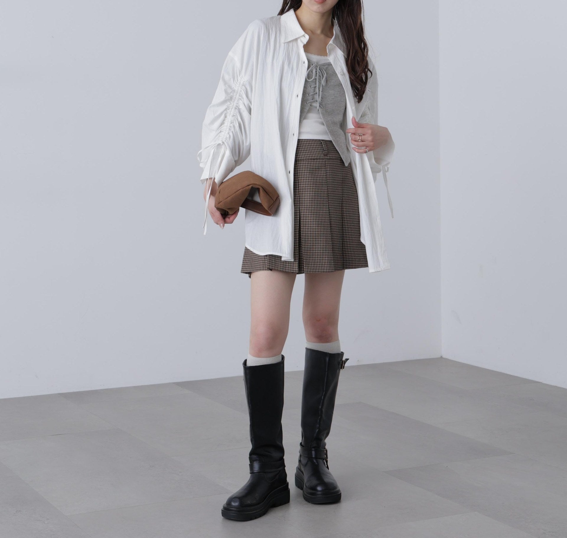 レースアップレイヤード長袖カットソー グレー