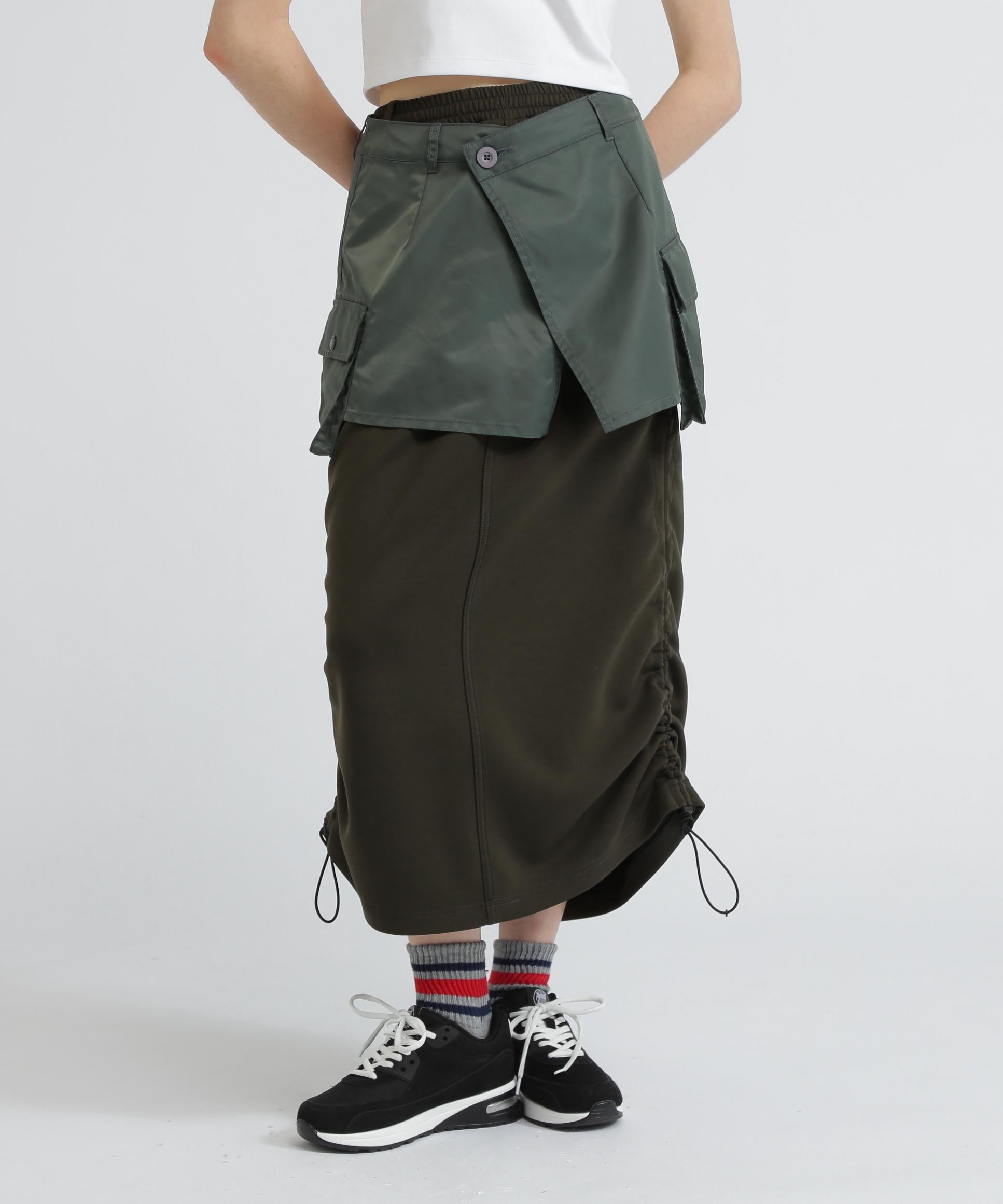 NYLON×DOURLE KNIT LAYE>ED SKI>T/ナイロン×ダブルニットレイヤードスカート オリーブ