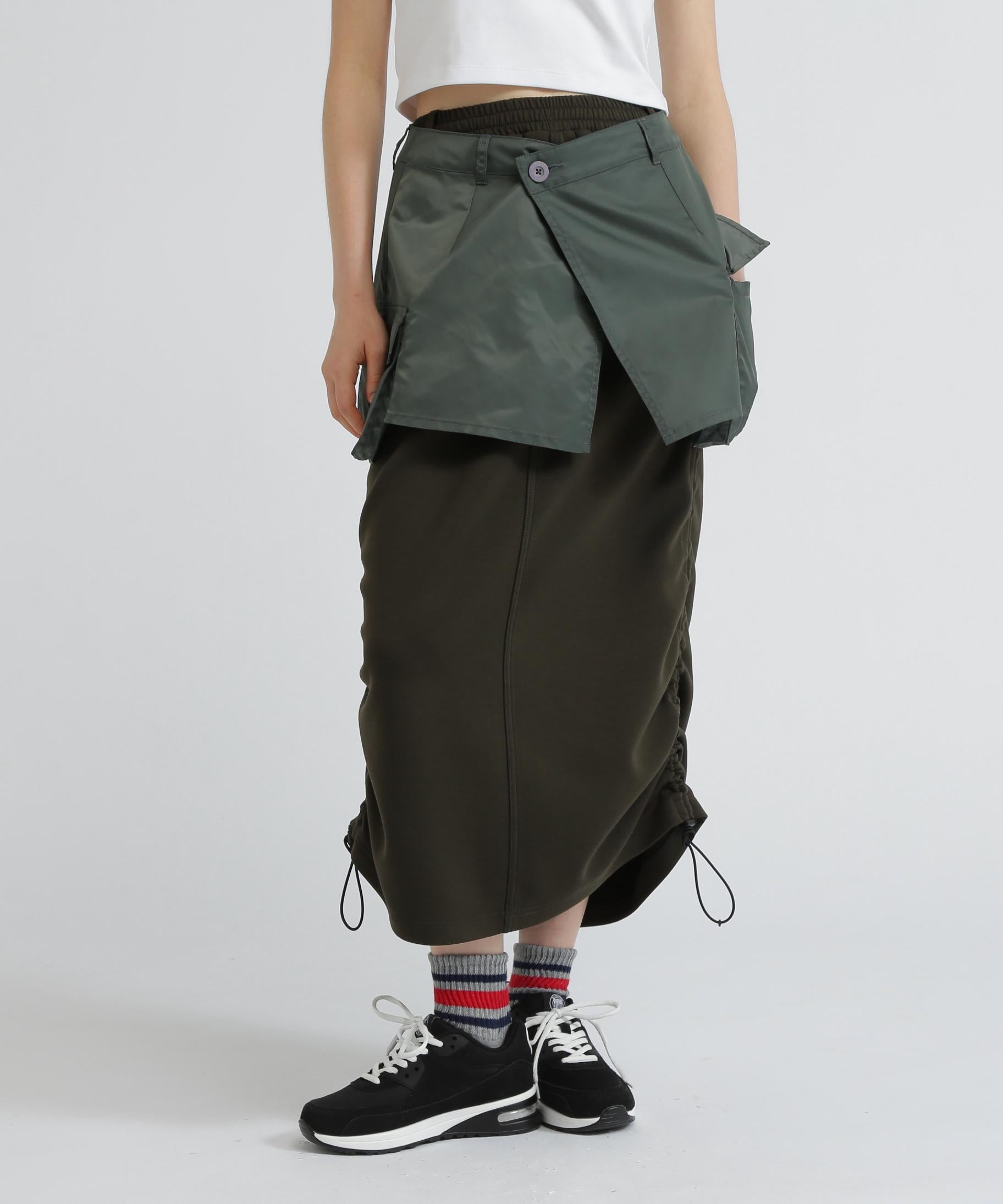 NYLON×DOURLE KNIT LAYE>ED SKI>T/ナイロン×ダブルニットレイヤードスカート オリーブ