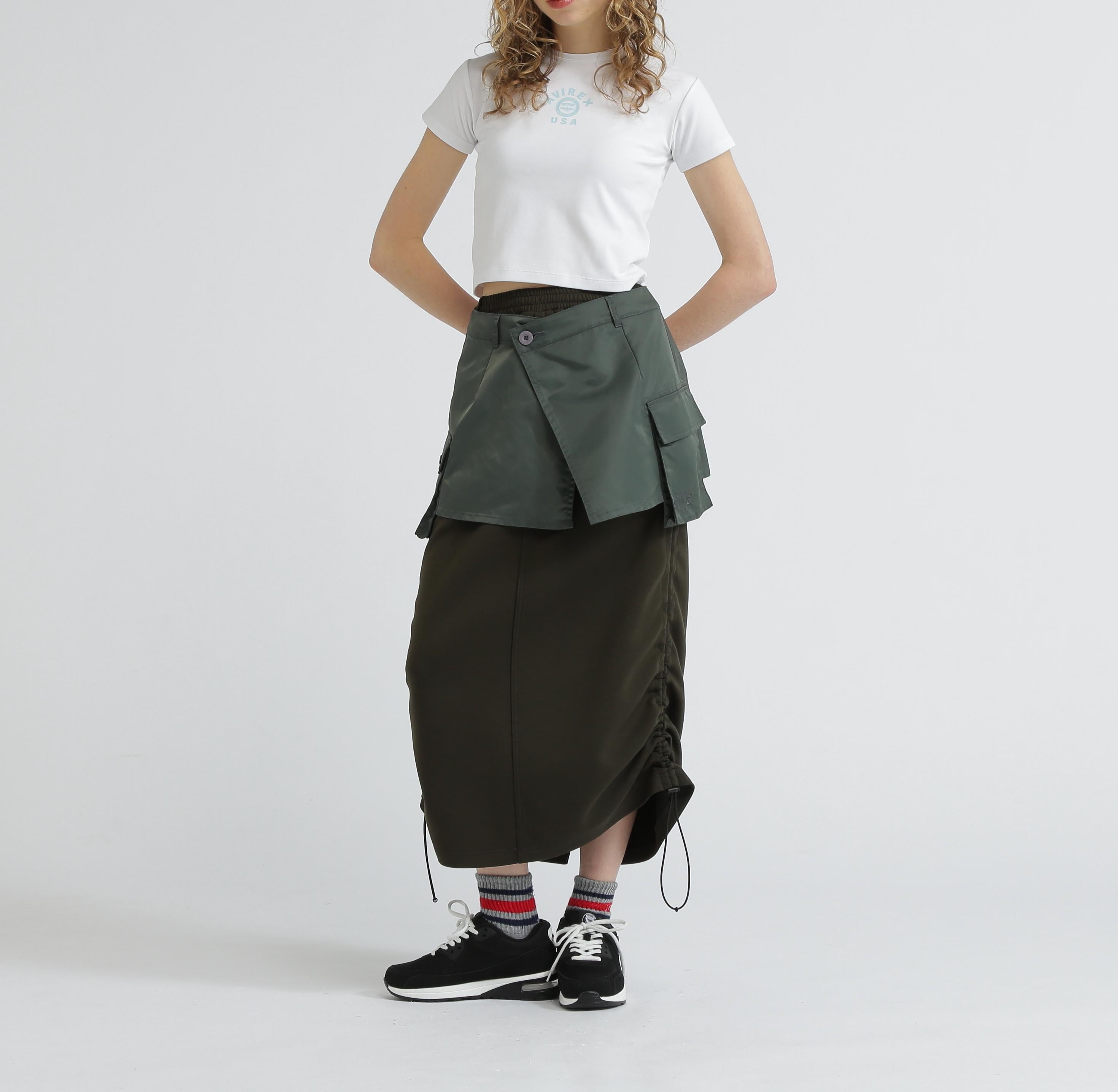 NYLON×DOURLE KNIT LAYE>ED SKI>T/ナイロン×ダブルニットレイヤードスカート オリーブ