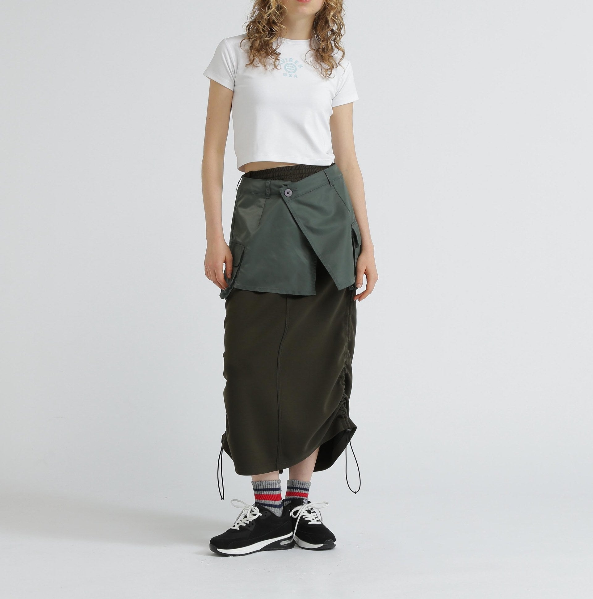 NYLON×DOURLE KNIT LAYE>ED SKI>T/ナイロン×ダブルニットレイヤードスカート オリーブ