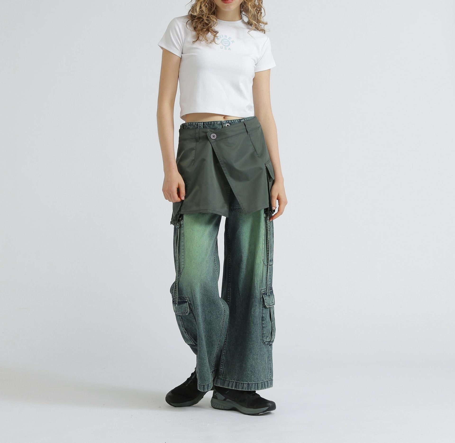 NYLON×DOURLE KNIT LAYE>ED SKI>T/ナイロン×ダブルニットレイヤードスカート オリーブ