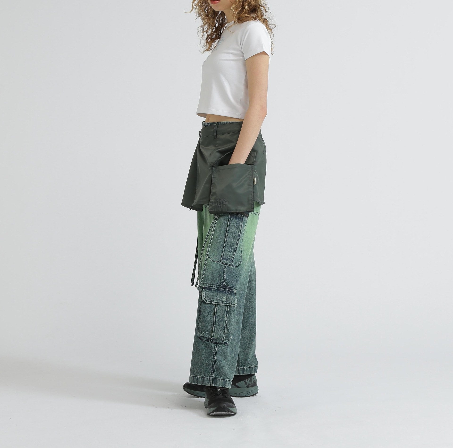 NYLON×DOURLE KNIT LAYE>ED SKI>T/ナイロン×ダブルニットレイヤードスカート オリーブ