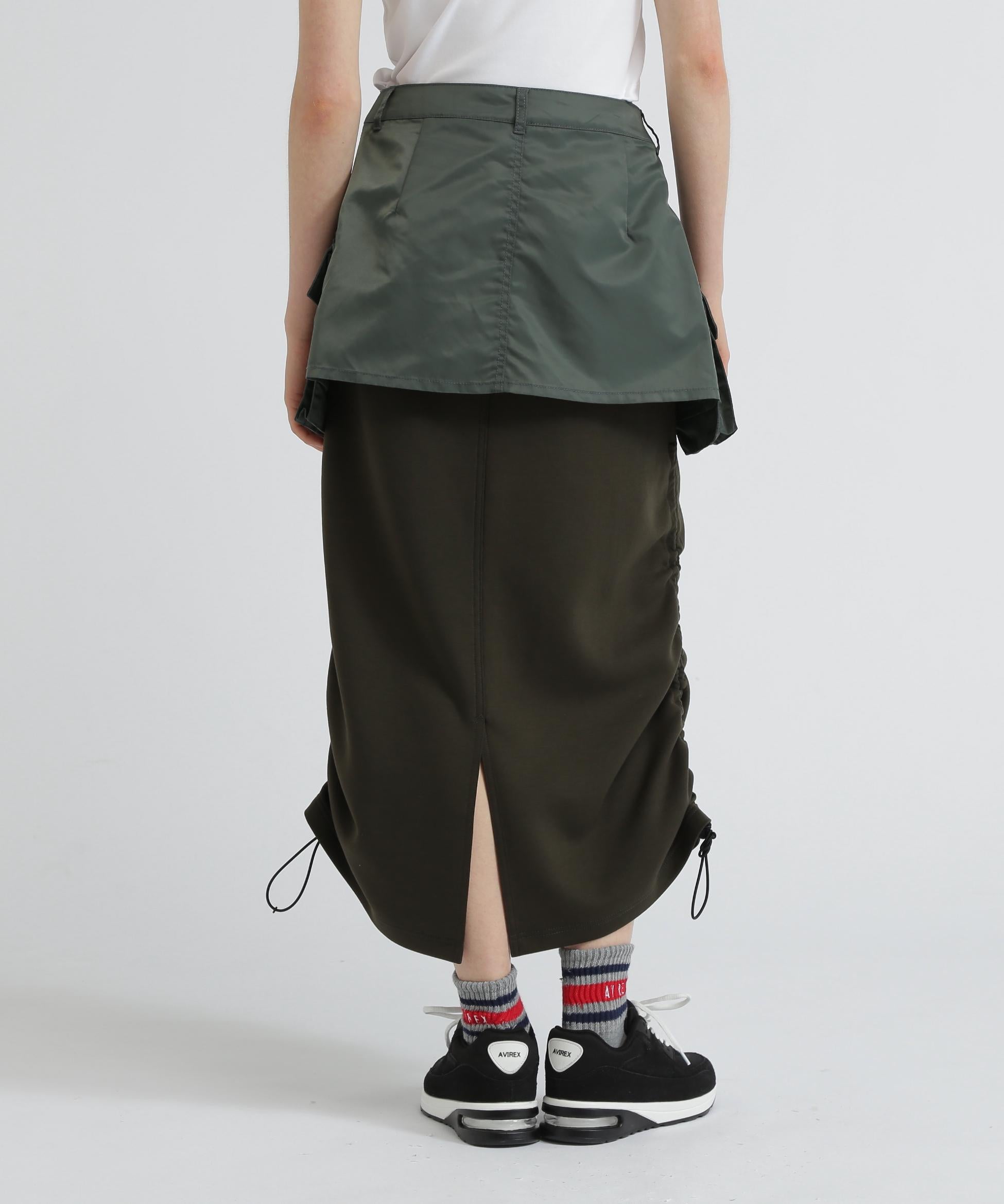 NYLON×DOURLE KNIT LAYE>ED SKI>T/ナイロン×ダブルニットレイヤードスカート オリーブ
