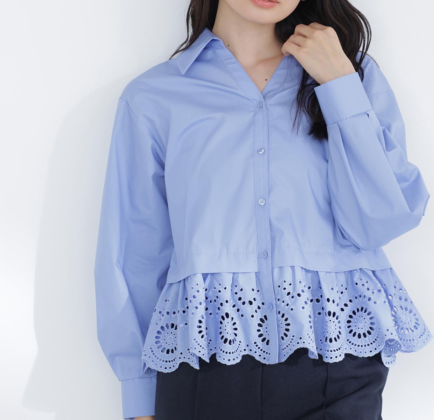 エンブロイダリーヘムブラウス ブルー