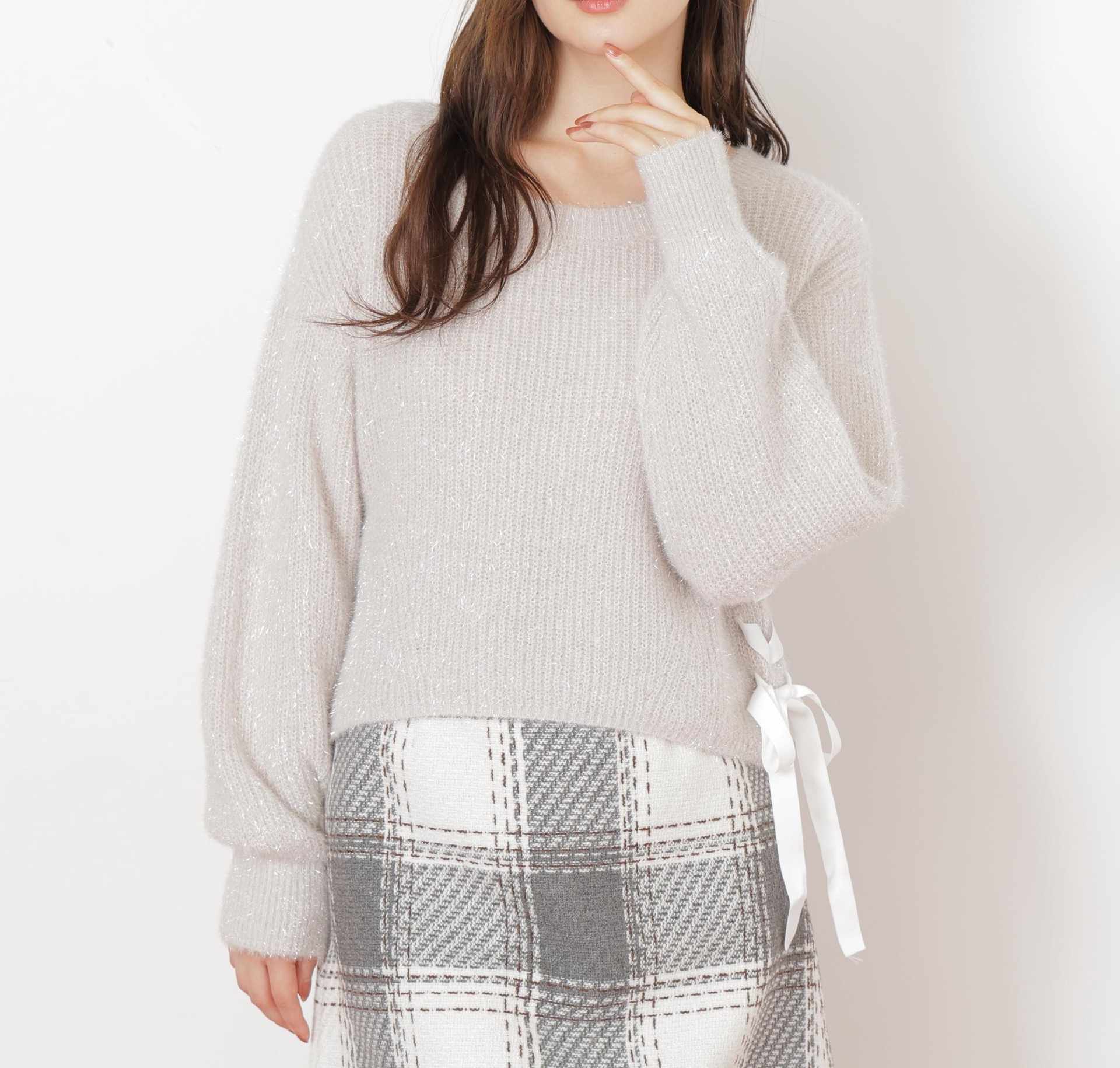 サイドリボンフィルムフェザーニット グレー