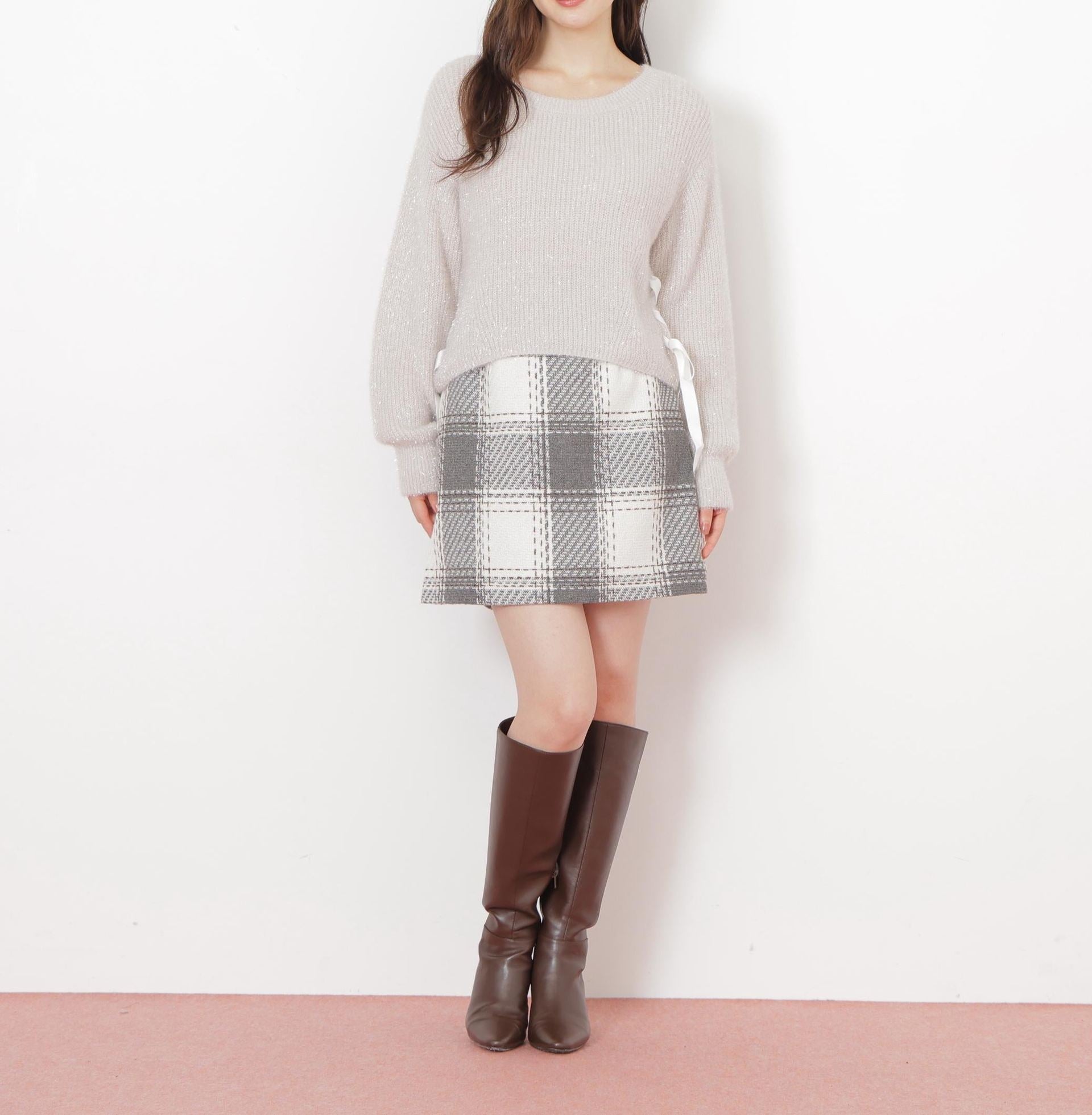 サイドリボンフィルムフェザーニット グレー