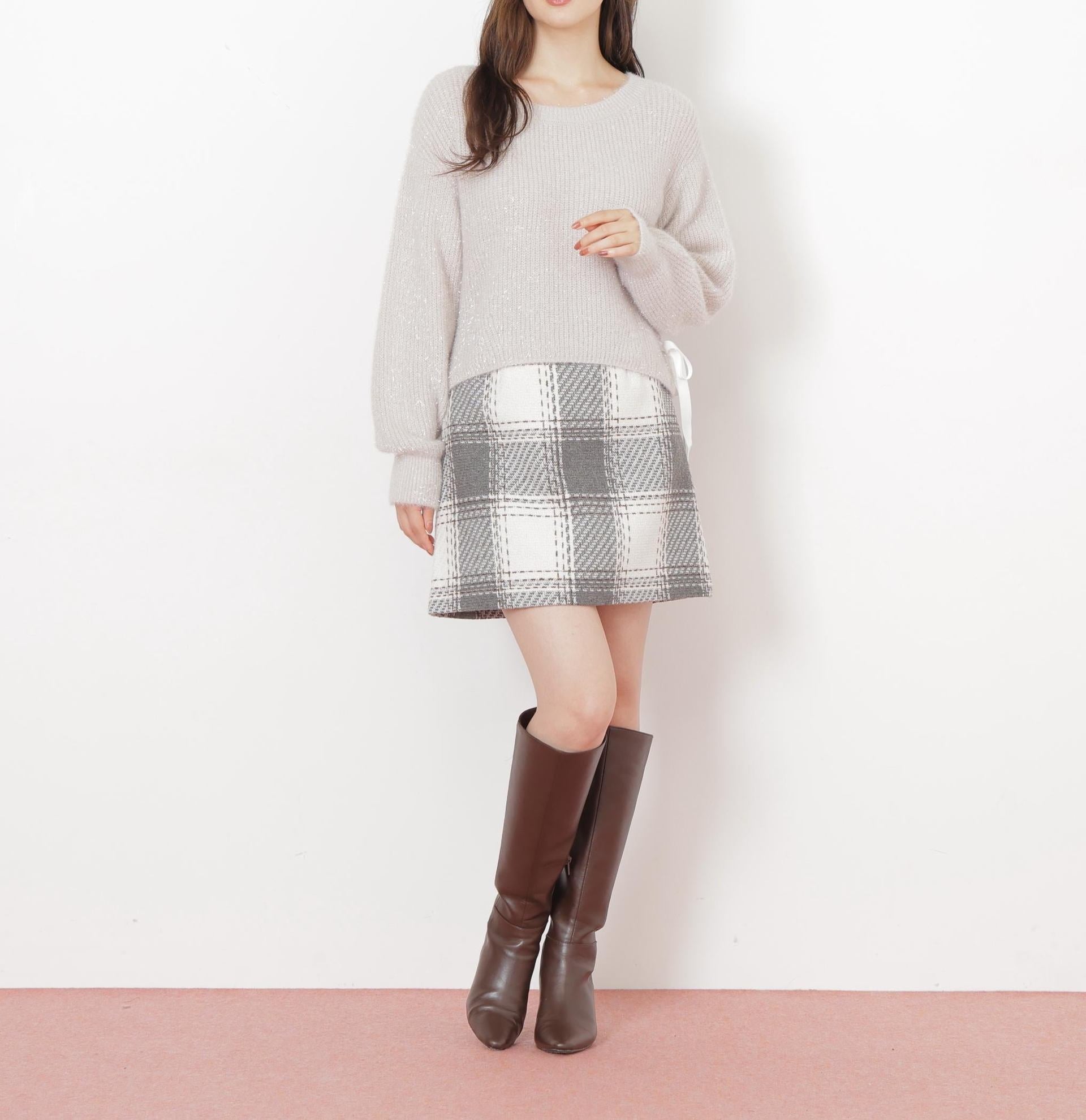 サイドリボンフィルムフェザーニット グレー