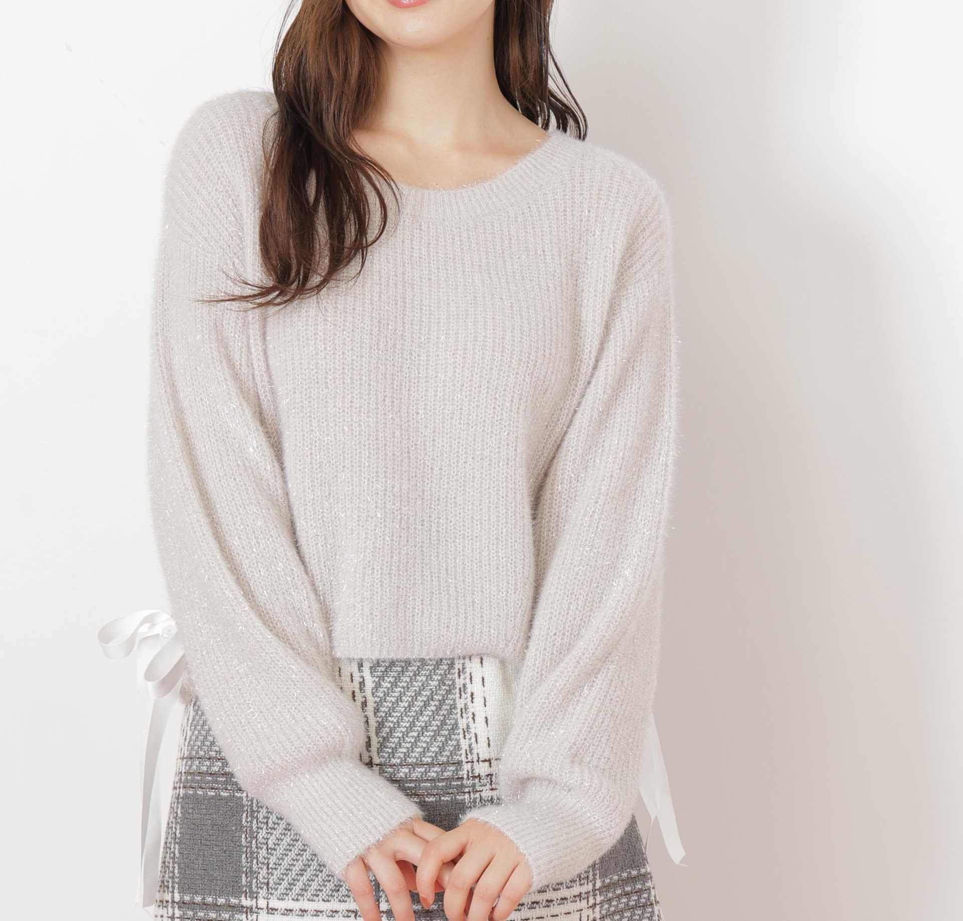 サイドリボンフィルムフェザーニット グレー