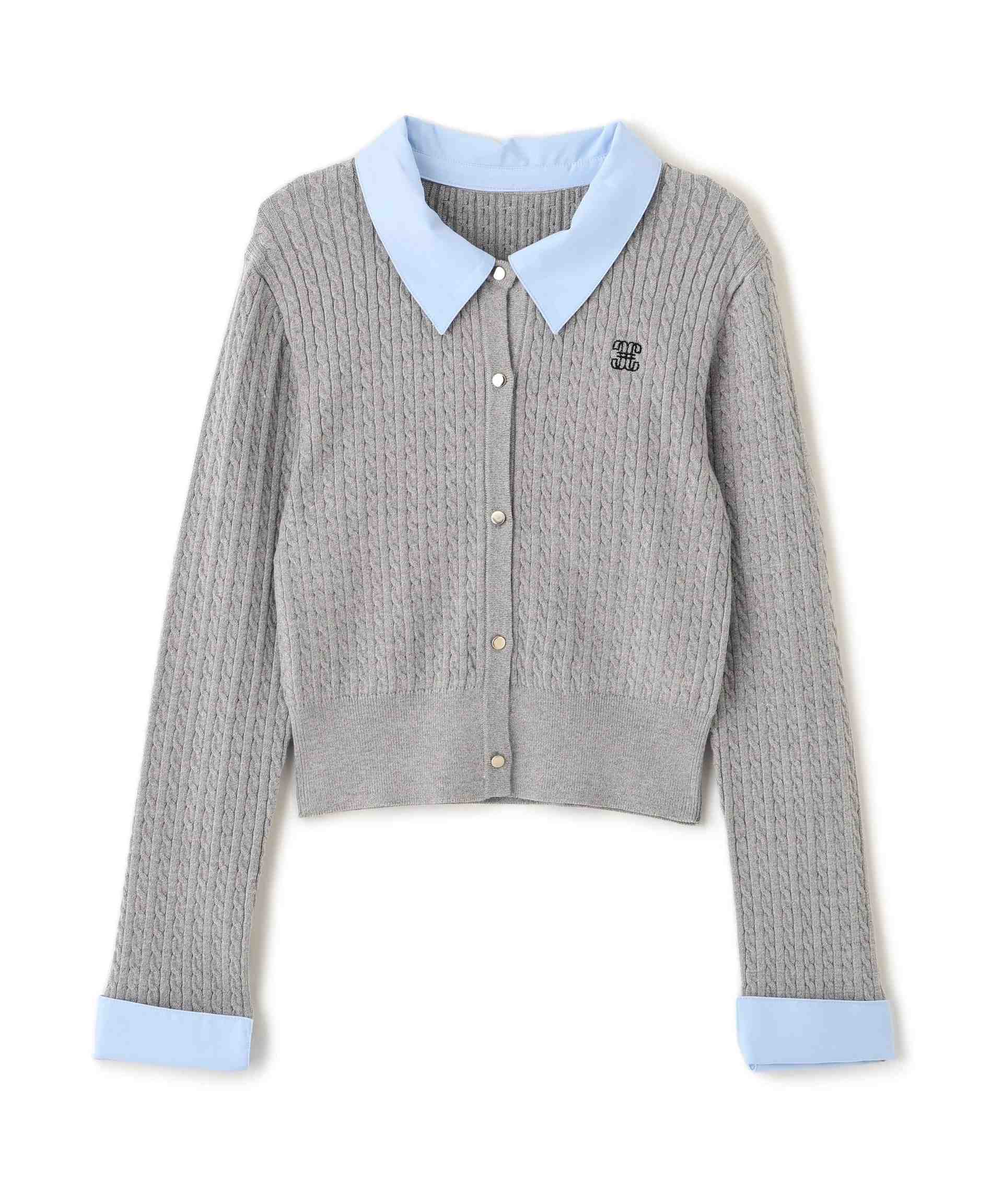 衿付きミニケーブルカーディガン グレー