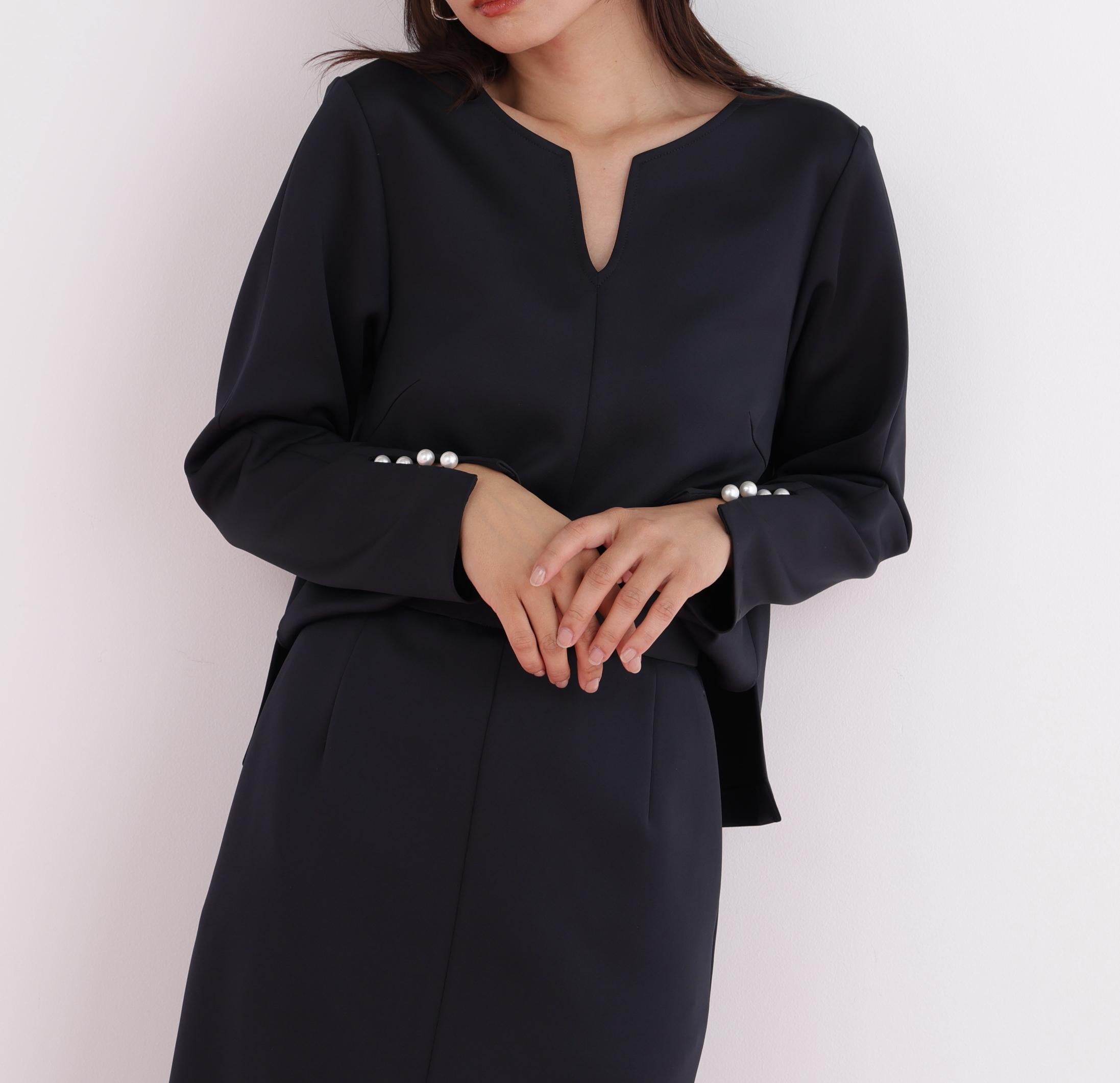 パールビーズスリーブジャージトップス ネイビー