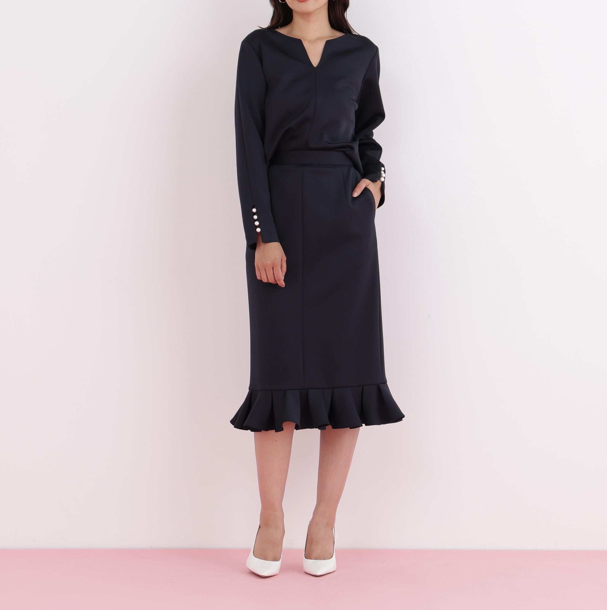 パールビーズスリーブジャージトップス ネイビー