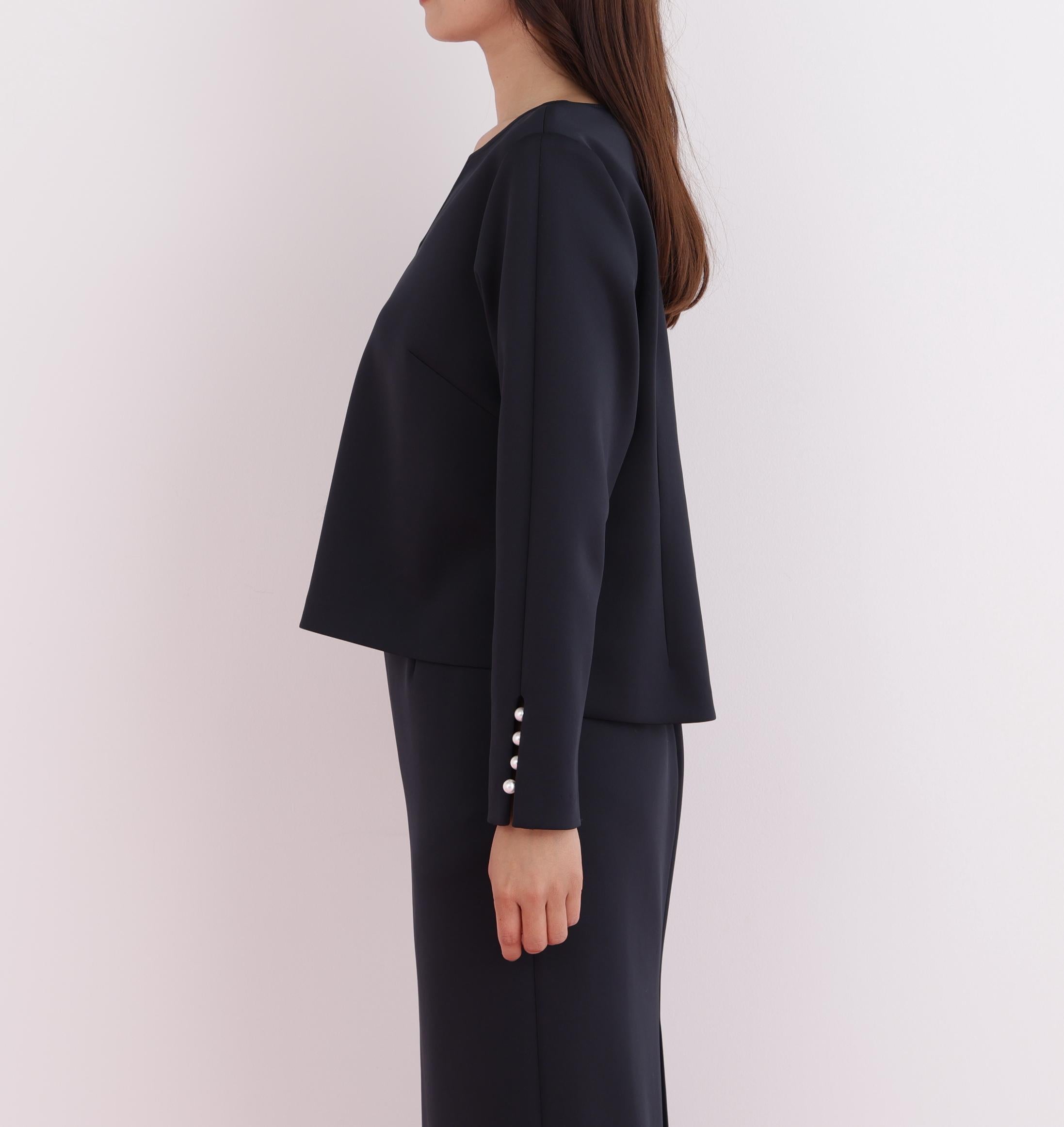 パールビーズスリーブジャージトップス ネイビー