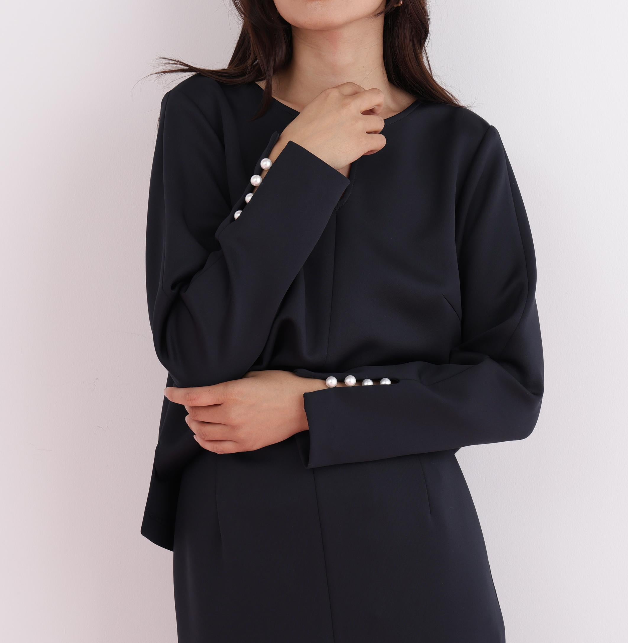 パールビーズスリーブジャージトップス ネイビー