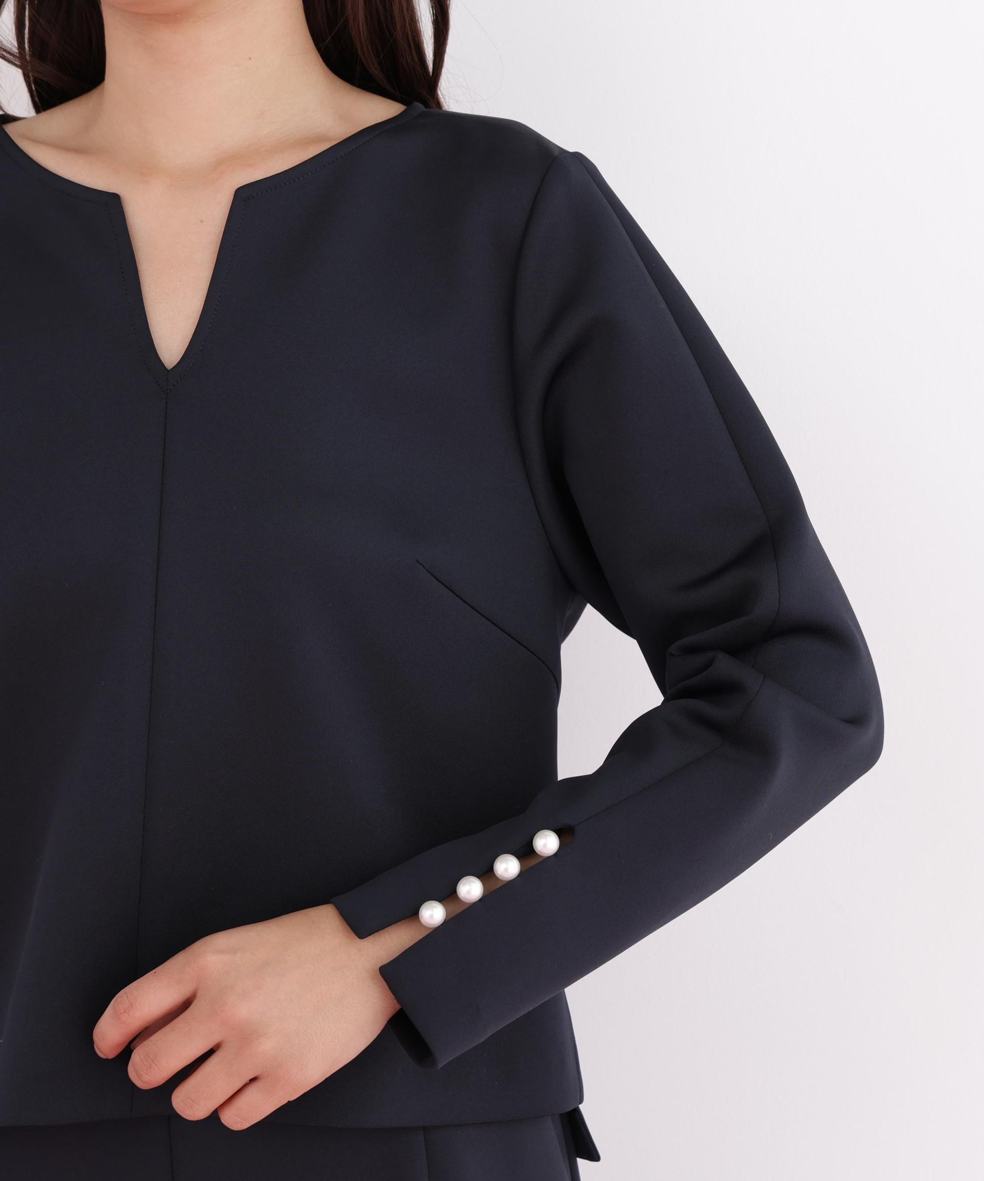 パールビーズスリーブジャージトップス ネイビー