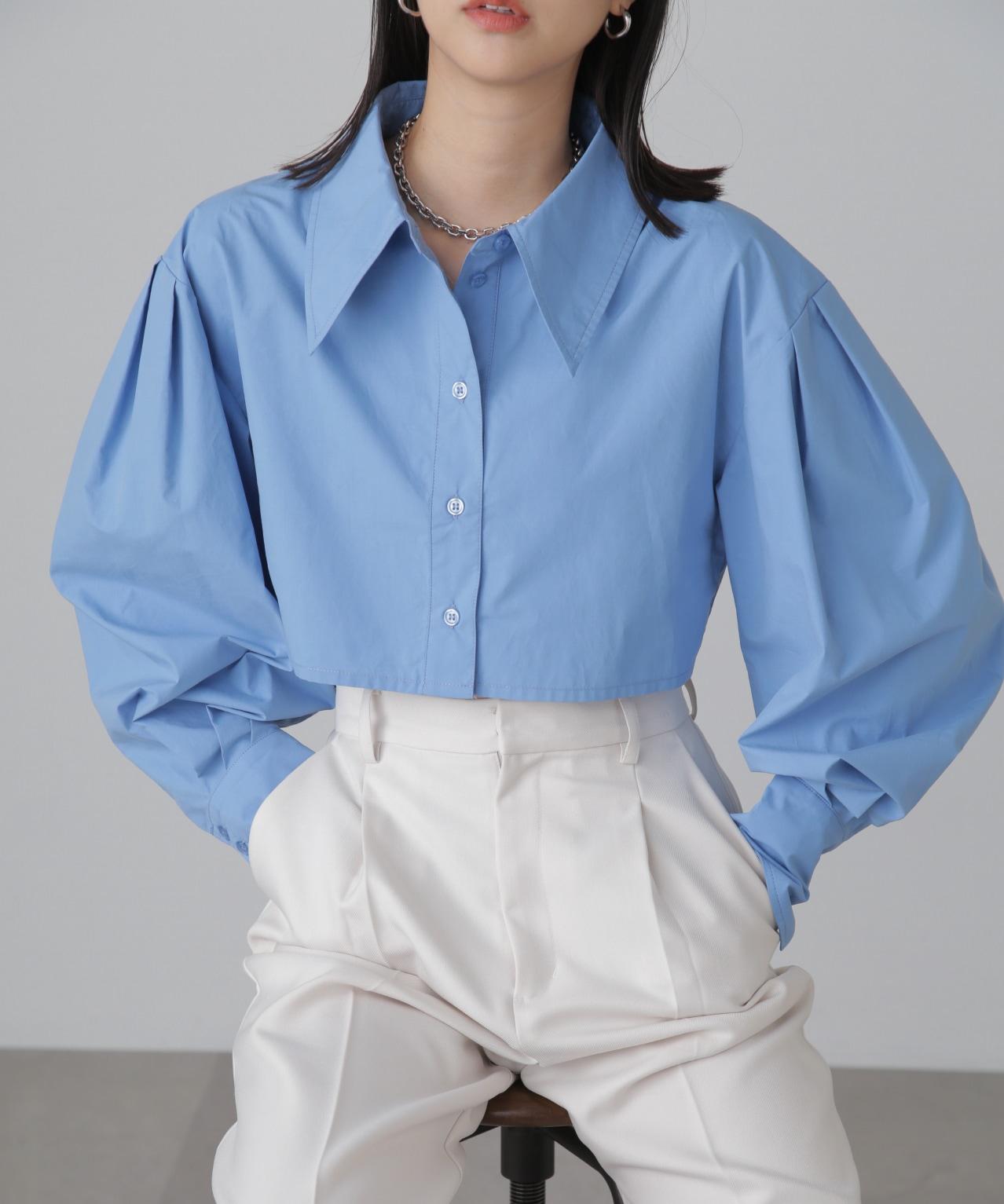 ショート丈タックボリュームスリーブシャツ サックス