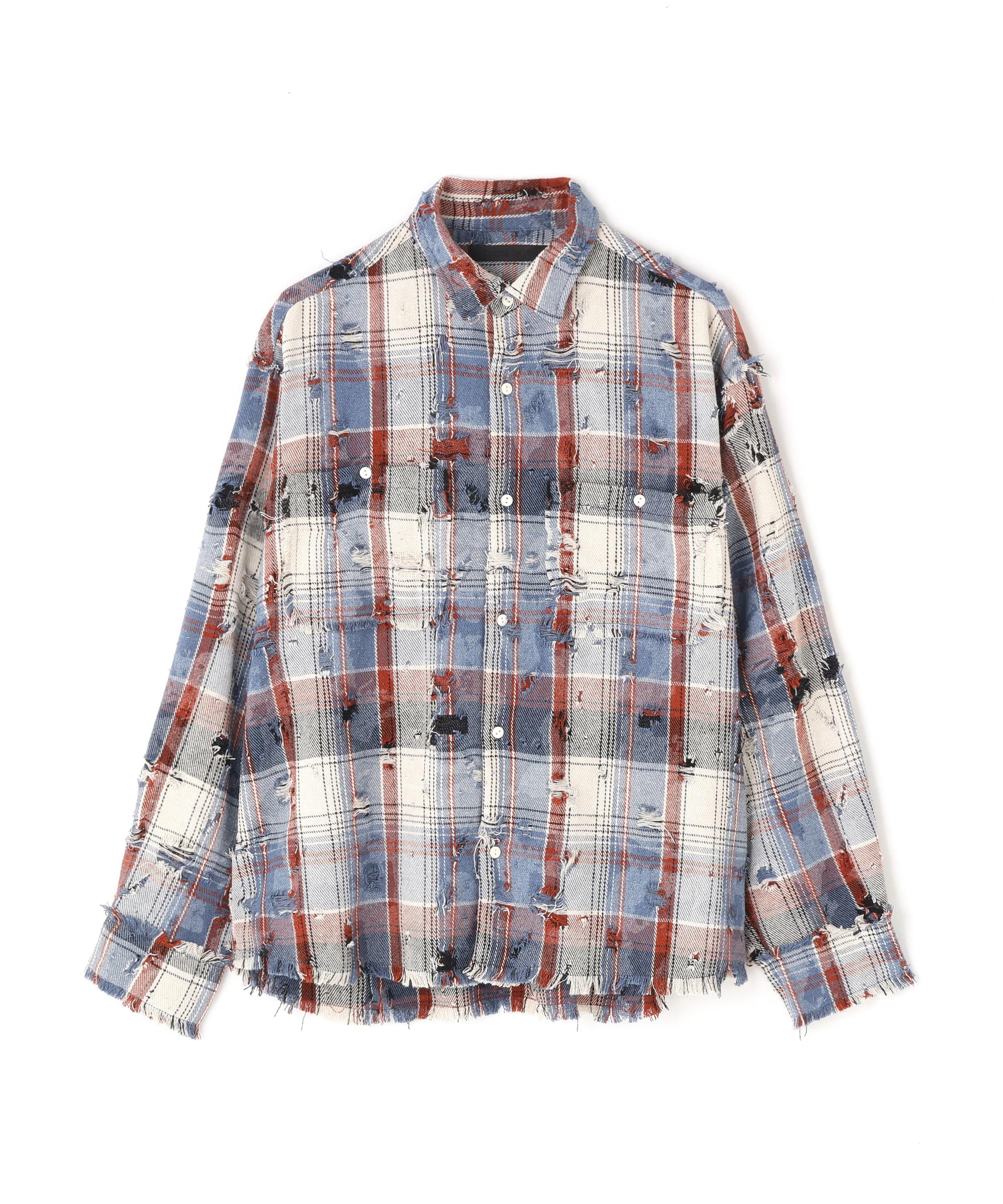 DankeSchon/ダンケシェーン/DAMAGE CAMO CHECK L/S SHIRTS ブルー