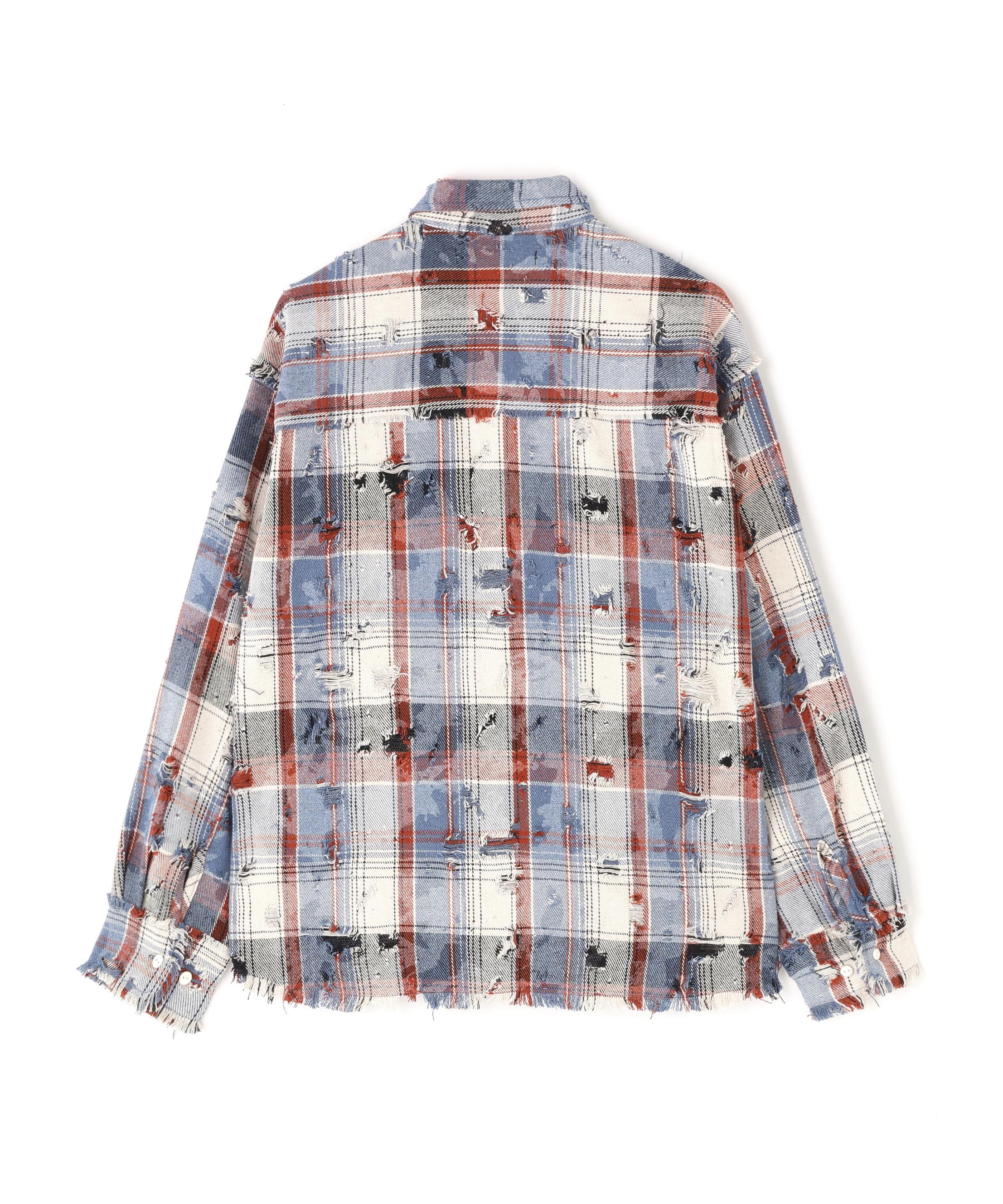 DankeSchon/ダンケシェーン/DAMAGE CAMO CHECK L/S SHIRTS ブルー