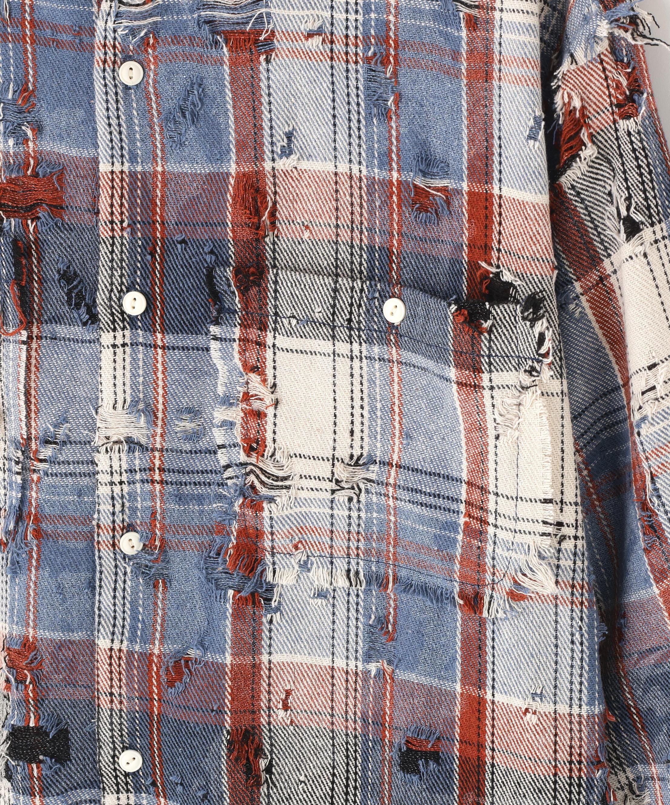 DankeSchon/ダンケシェーン/DAMAGE CAMO CHECK L/S SHIRTS ブルー