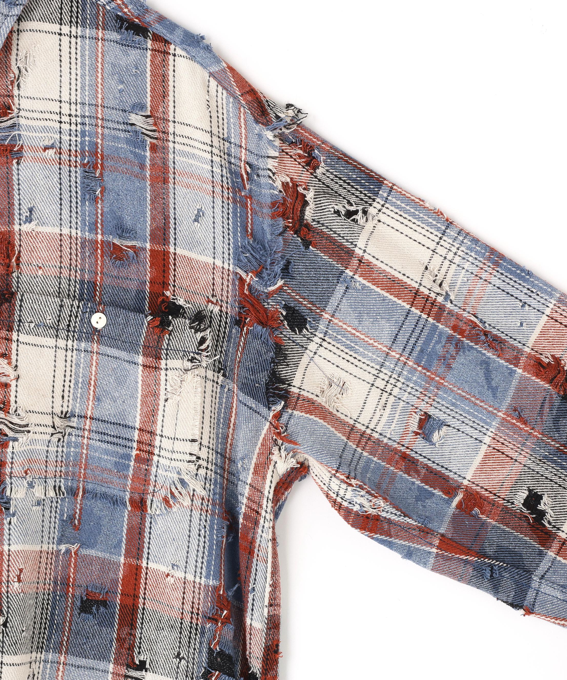 DankeSchon/ダンケシェーン/DAMAGE CAMO CHECK L/S SHIRTS ブルー