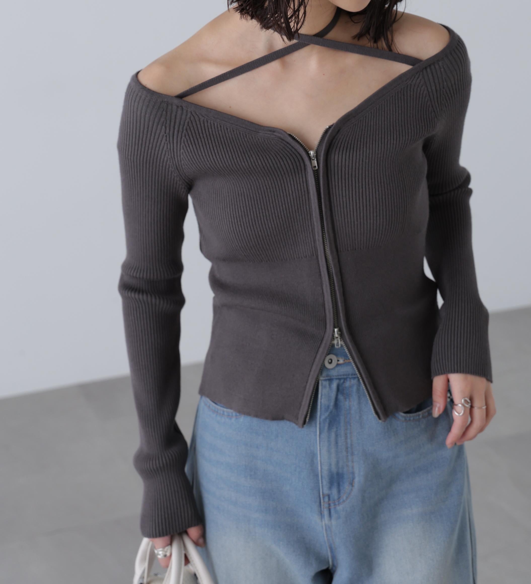 ジップアップオフショルダーリブニット スミクロ