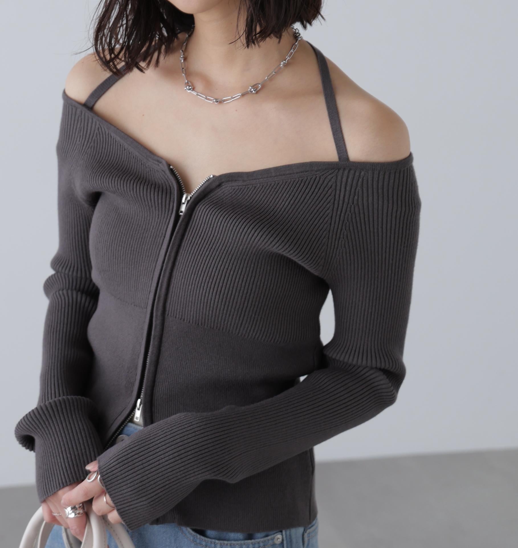 ジップアップオフショルダーリブニット スミクロ