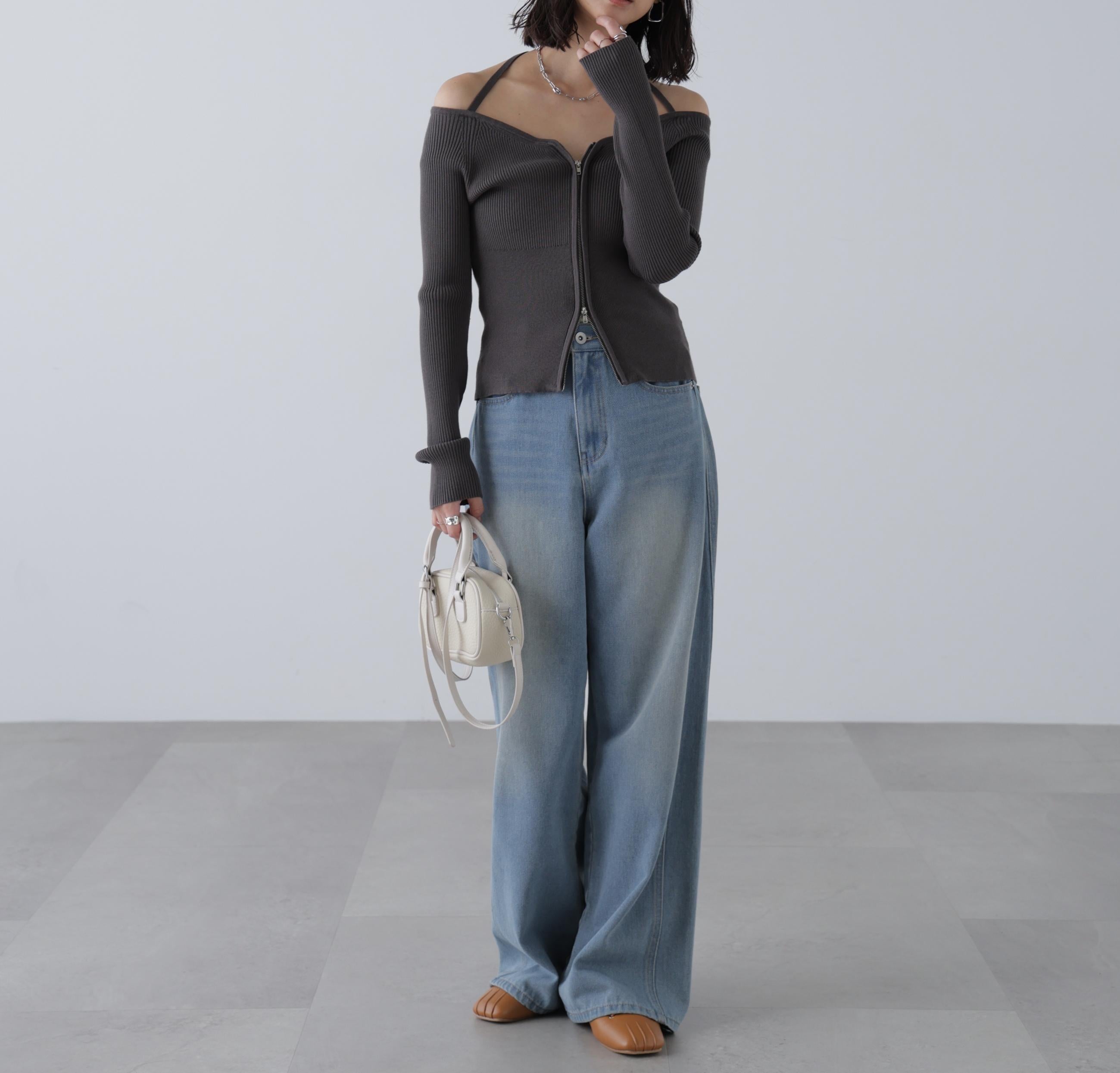 ジップアップオフショルダーリブニット スミクロ