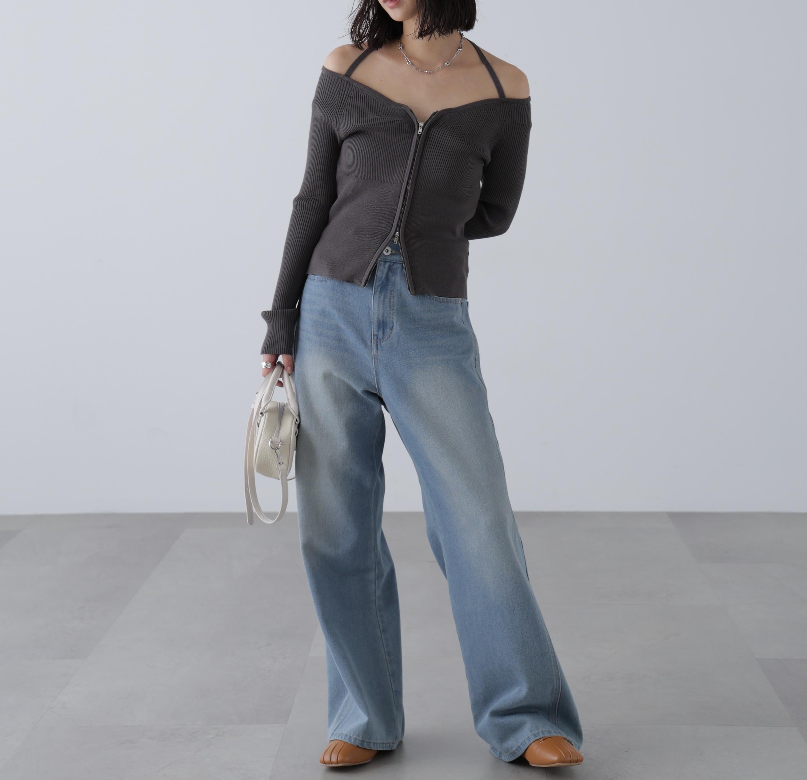 ジップアップオフショルダーリブニット スミクロ