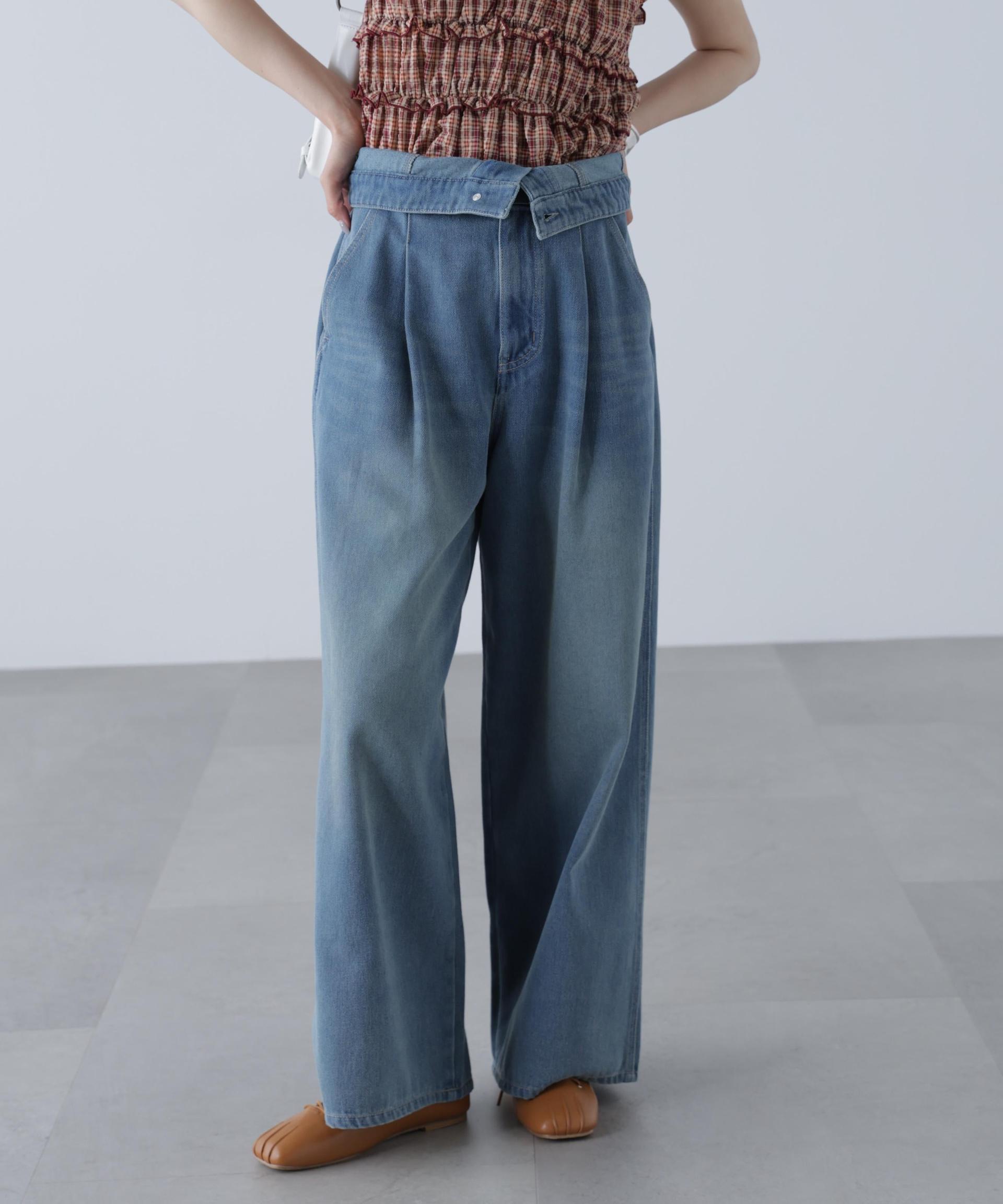 折り返しハイウエストデニムパンツ ライトインディゴオーバーダイ5