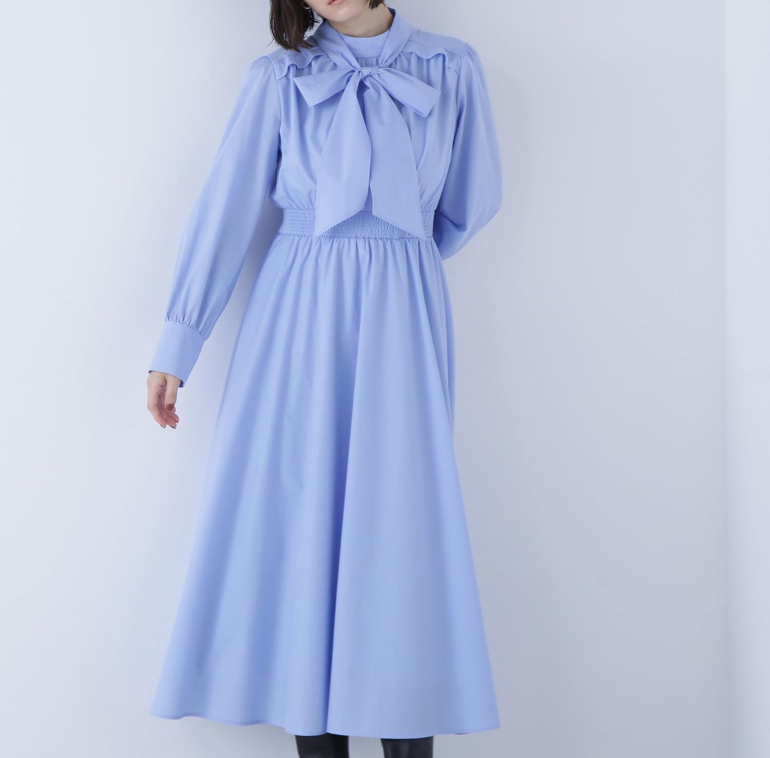 2wayボウタイギャザーワンピース ブルー