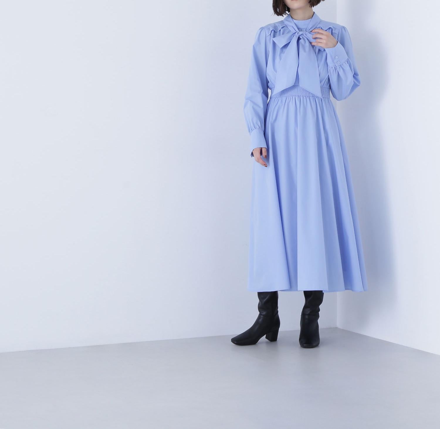 2wayボウタイギャザーワンピース ブルー