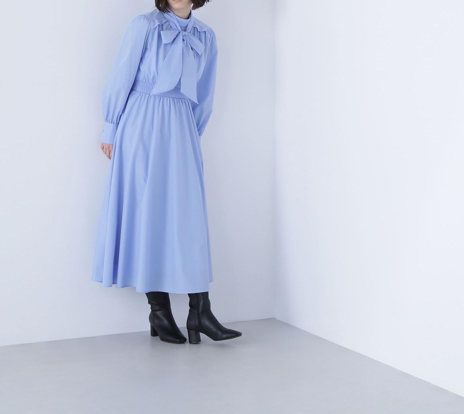 2wayボウタイギャザーワンピース ブルー