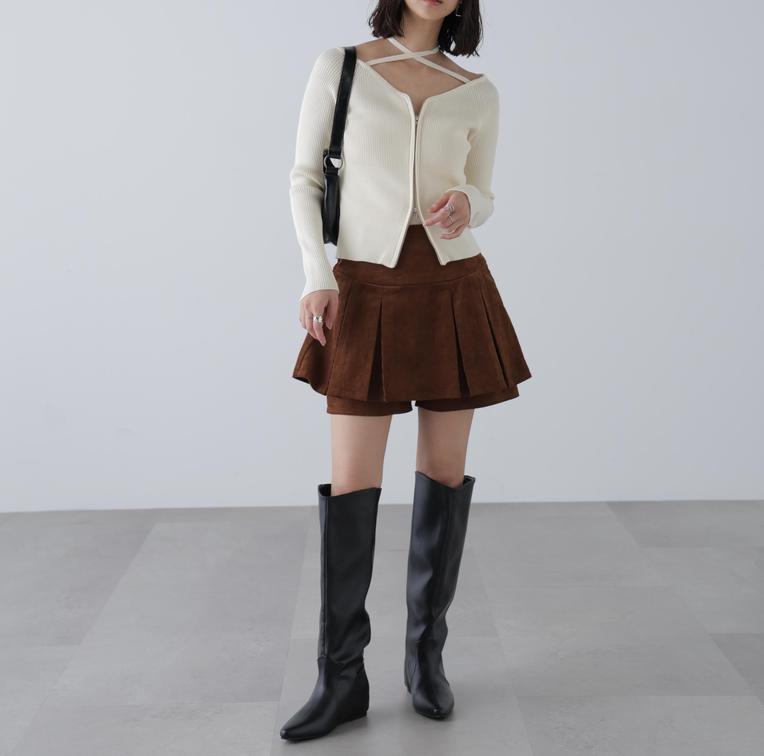 プリーツショートパンツ ブラウンコーデュロイ