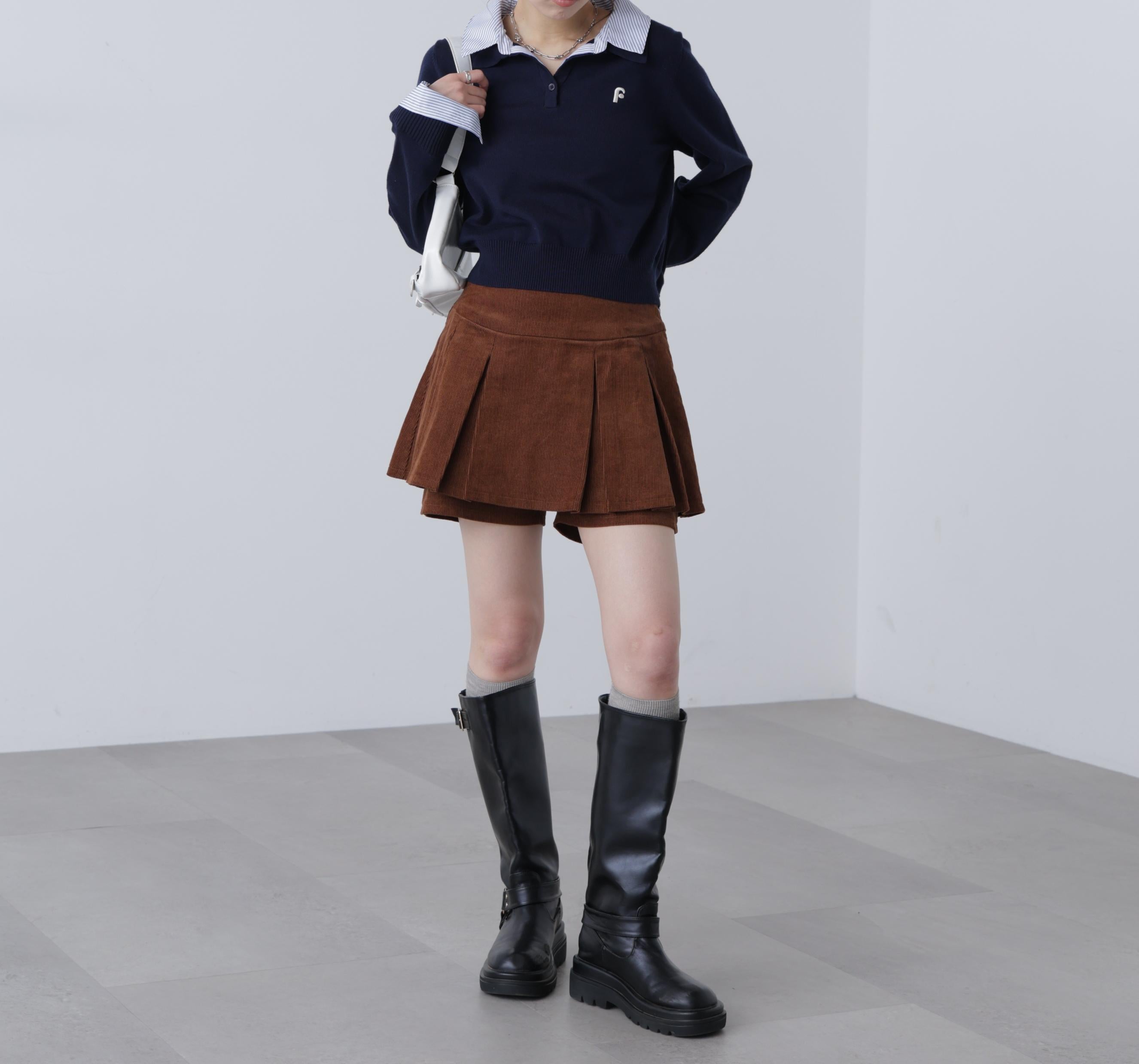 プリーツショートパンツ ブラウンコーデュロイ