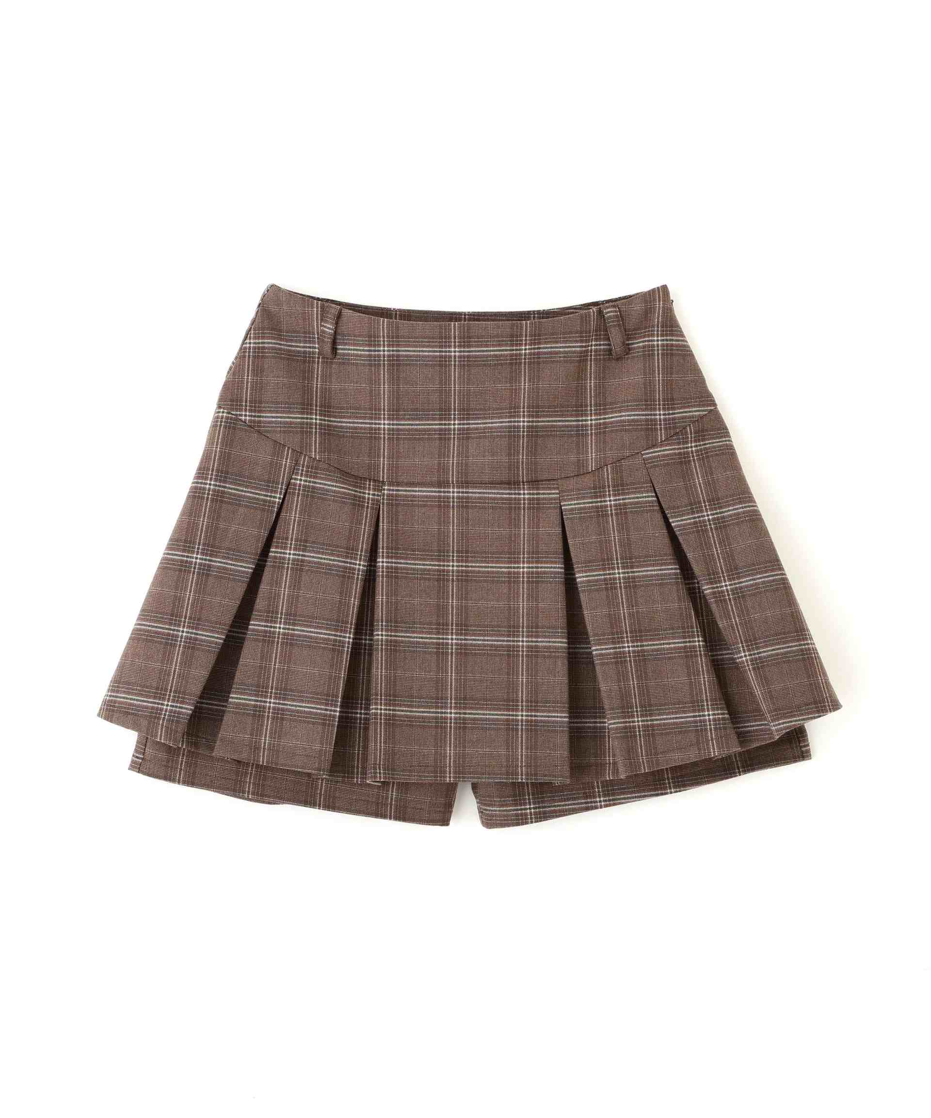 プリーツショートパンツ ブラウンチェック1