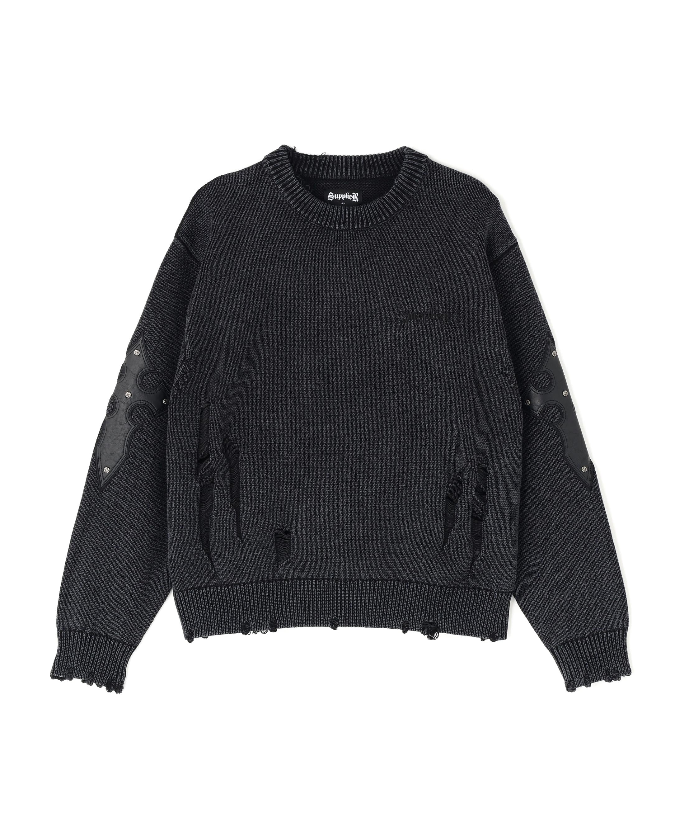 SUPPLIER/サプライヤー/DISTRESSED CROSS LEATHER PATCH KNIT ブラック