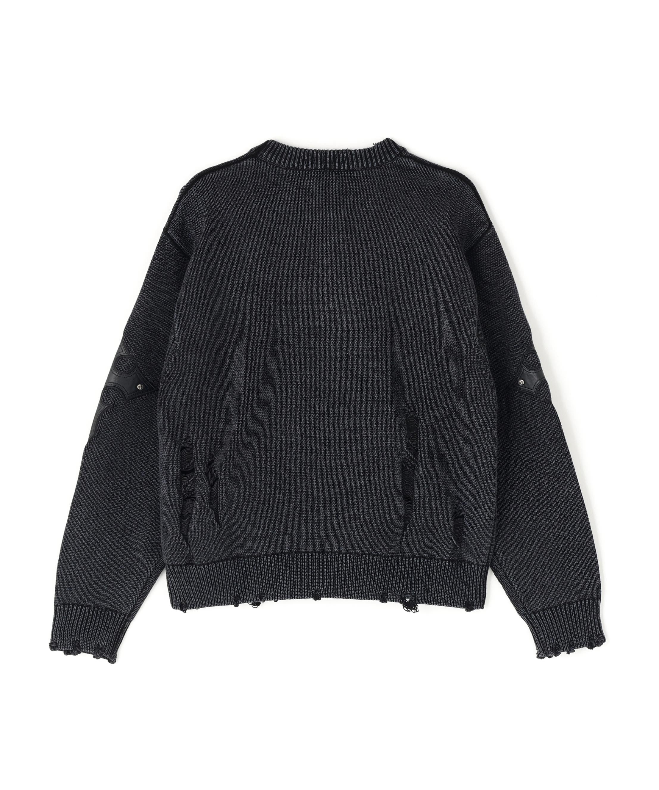 SUPPLIER/サプライヤー/DISTRESSED CROSS LEATHER PATCH KNIT ブラック