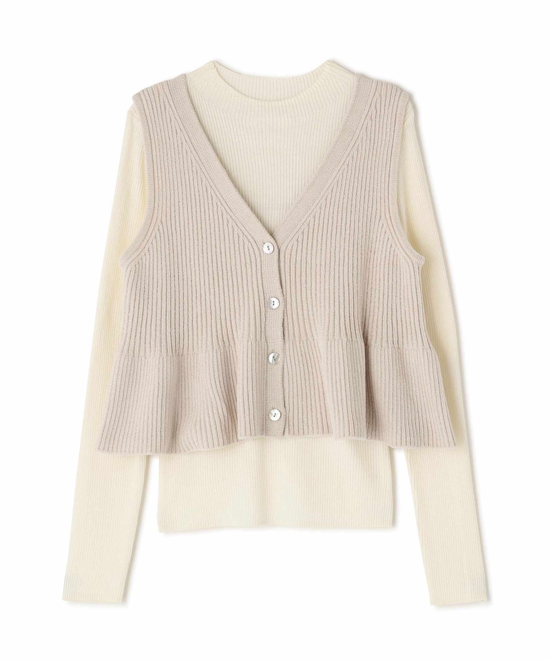 ペプラムベスト&リブニット ベージュ×オフ