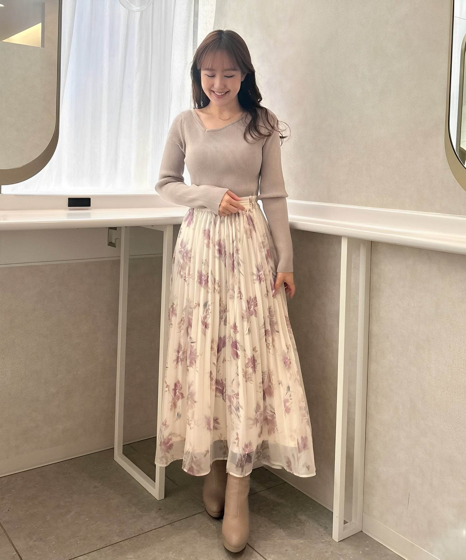 トランテアン ソン ドゥ モード 31 Sons de mode ニットドッキングフラワープリーツワンピース (グレージュ) BEIGE